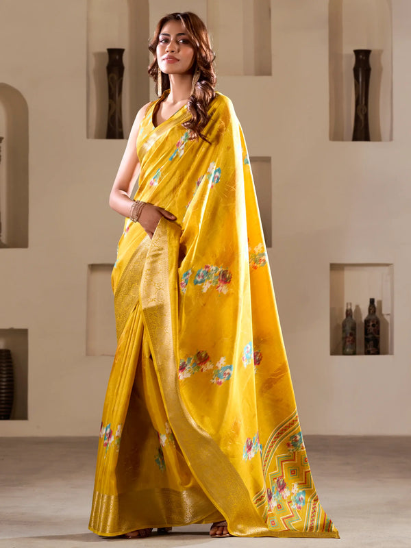 Beautiful Yellow Printed Silk Festival Wear Saree With Blouse - Zeel Clothing