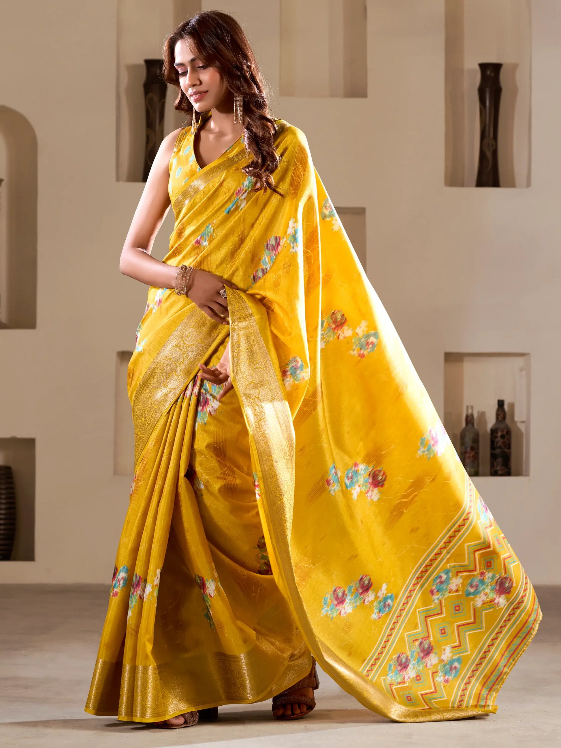 Beautiful Yellow Printed Silk Festival Wear Saree With Blouse - Zeel Clothing