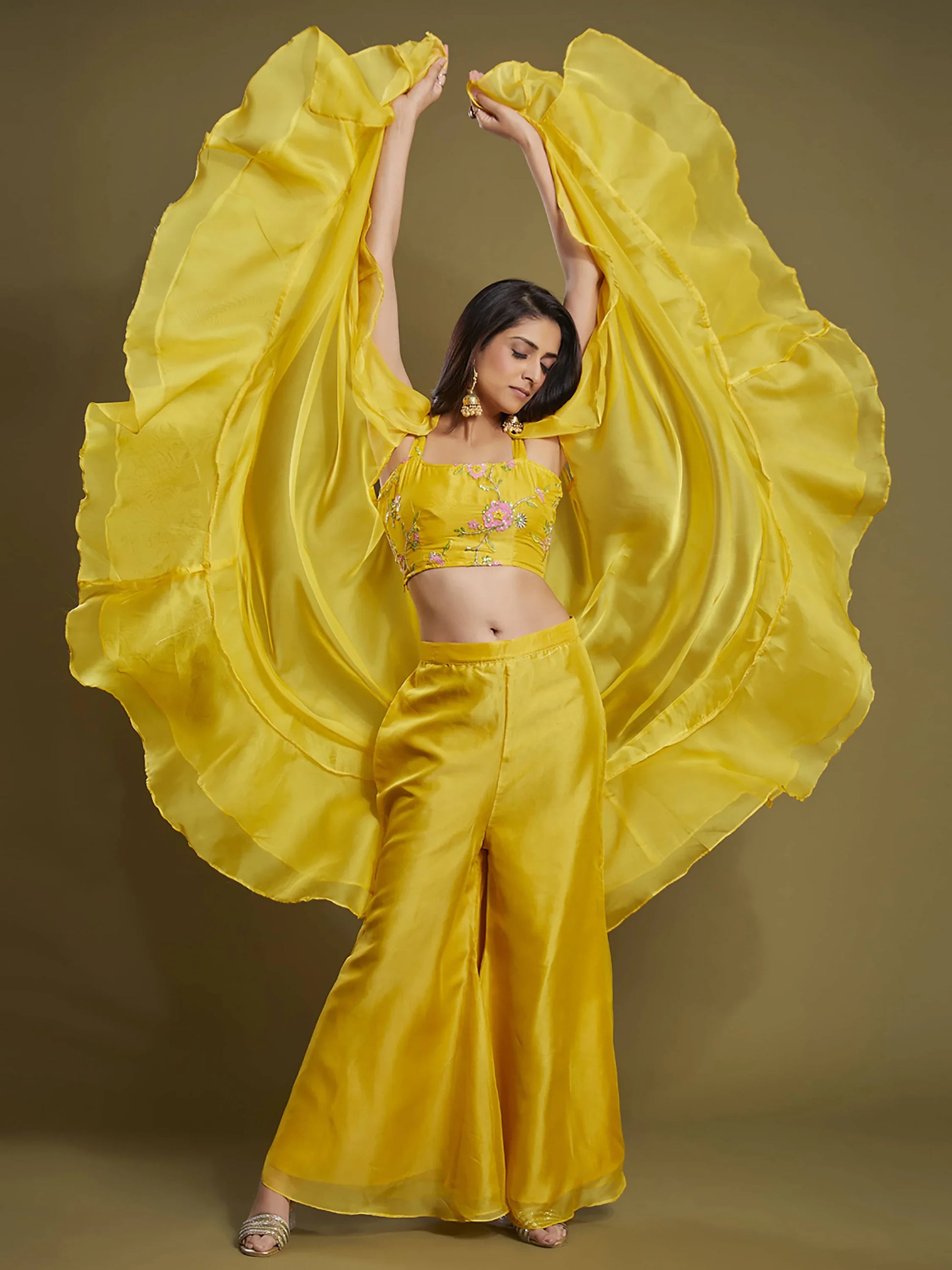 Beautiful Yellow Sequins Organza Palazzo Jacket with Blouse - Zeel Clothing