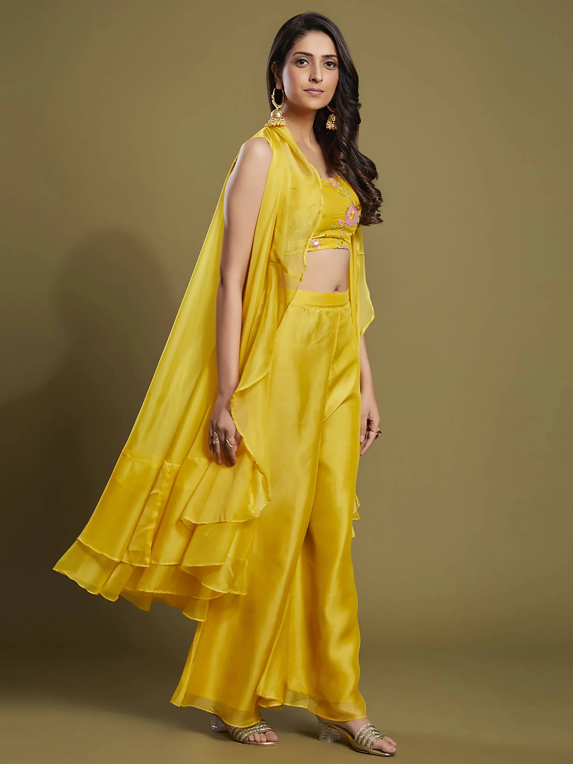 Beautiful Yellow Sequins Organza Palazzo Jacket with Blouse - Zeel Clothing