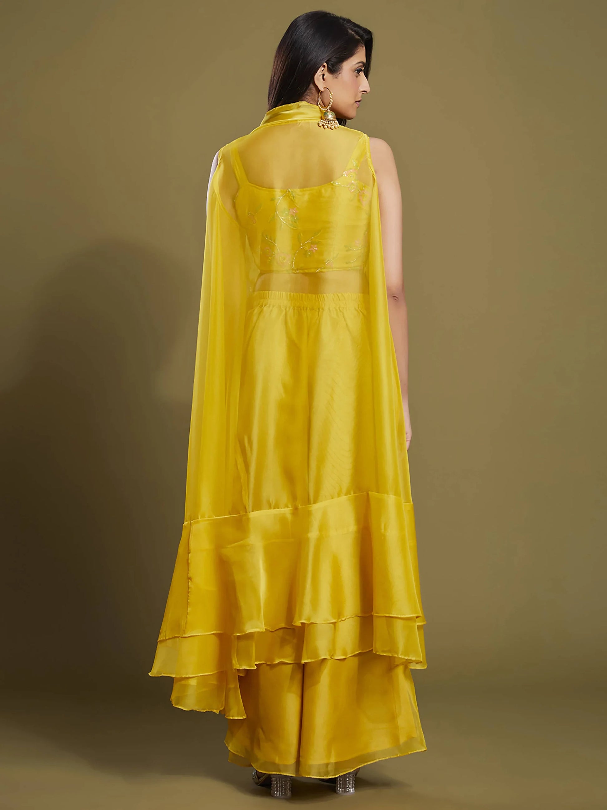 Beautiful Yellow Sequins Organza Palazzo Jacket with Blouse - Zeel Clothing
