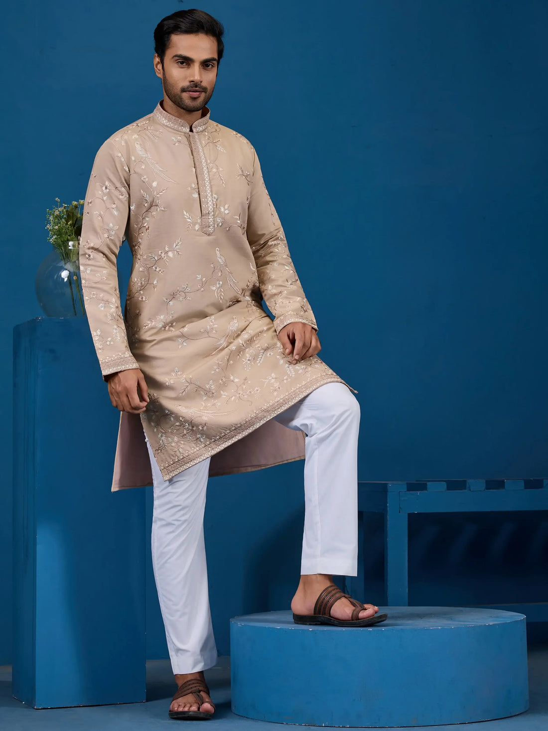 Classic Beige Sequins Work Silk Festive Wear Men Kurta Set