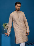 Classic Beige Sequins Work Silk Festive Wear Men Kurta Set