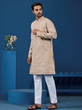 Classic Beige Sequins Work Silk Festive Wear Men Kurta Set