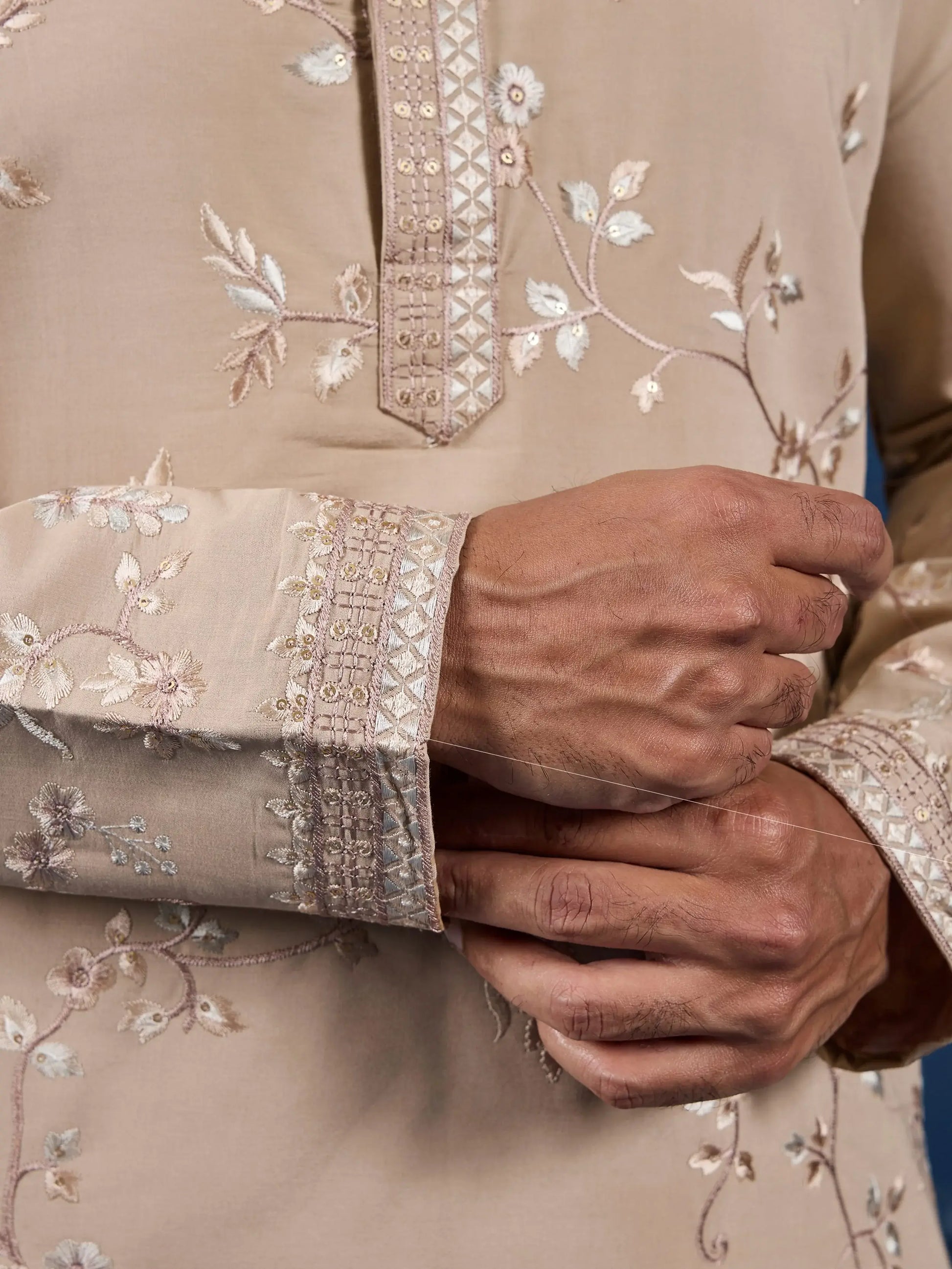 Classic Beige Sequins Work Silk Festive Wear Men Kurta Set