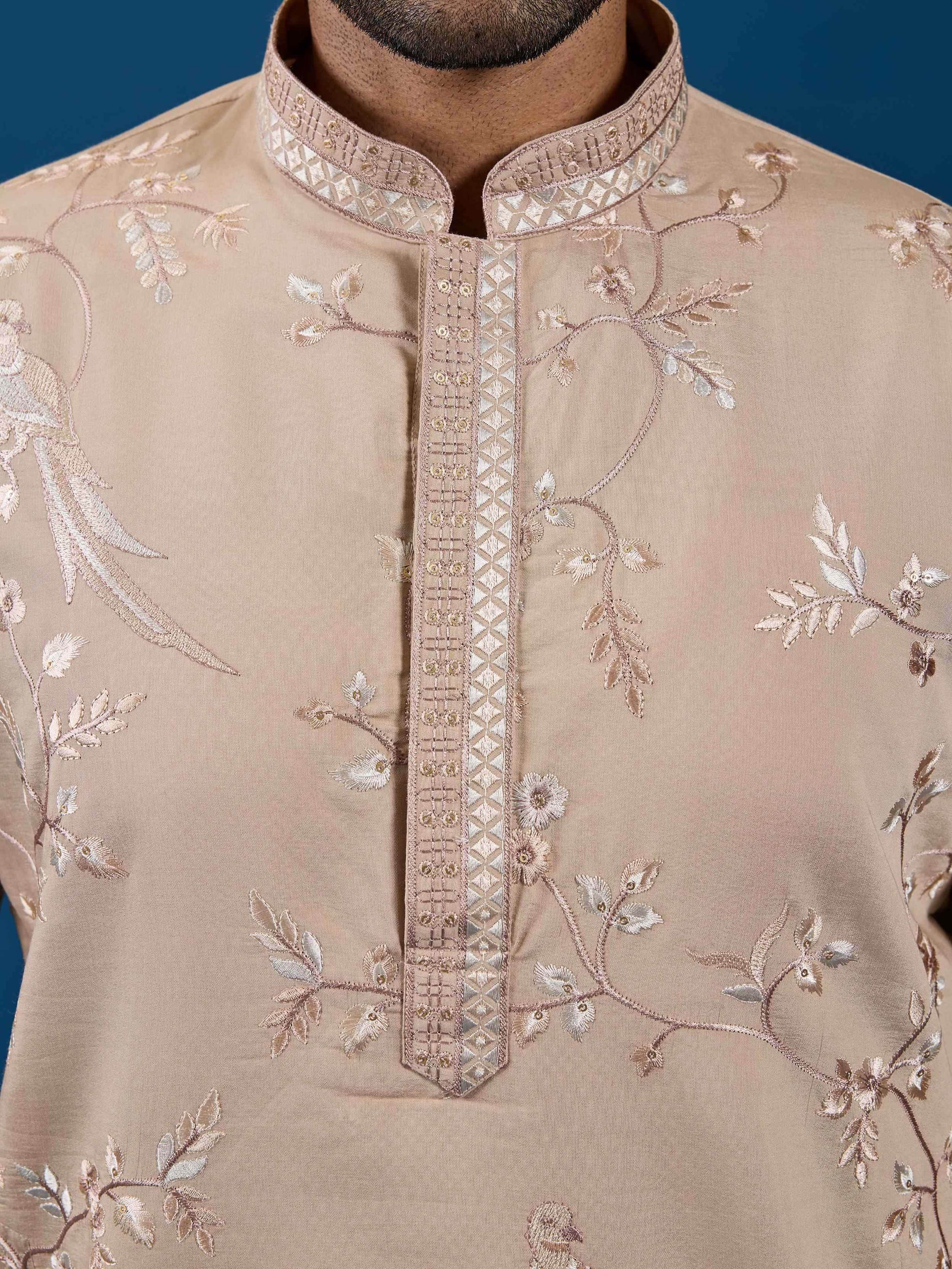 Classic Beige Sequins Work Silk Festive Wear Men Kurta Set