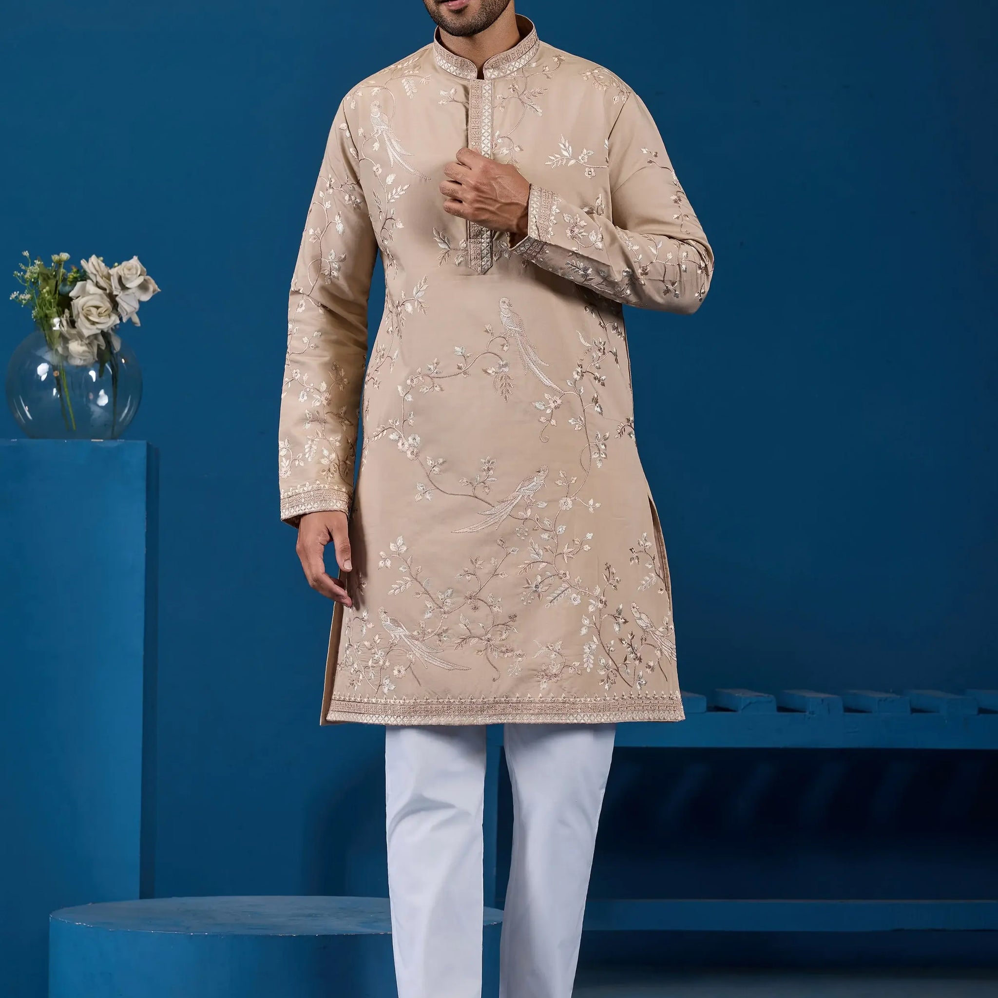 Classic Beige Sequins Work Silk Festive Wear Men Kurta Set