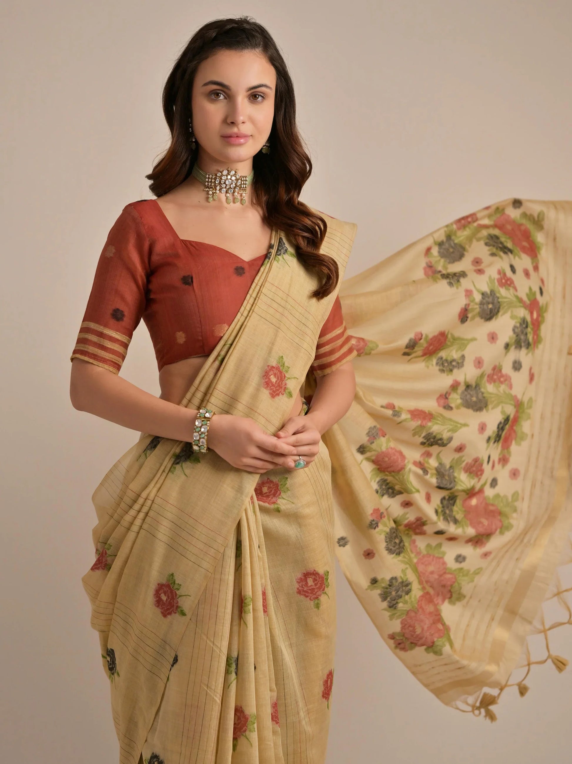 Bewitching Beige Floral Weaving Printed Cotton Traditional Saree With Blouse - Zeel Clothing