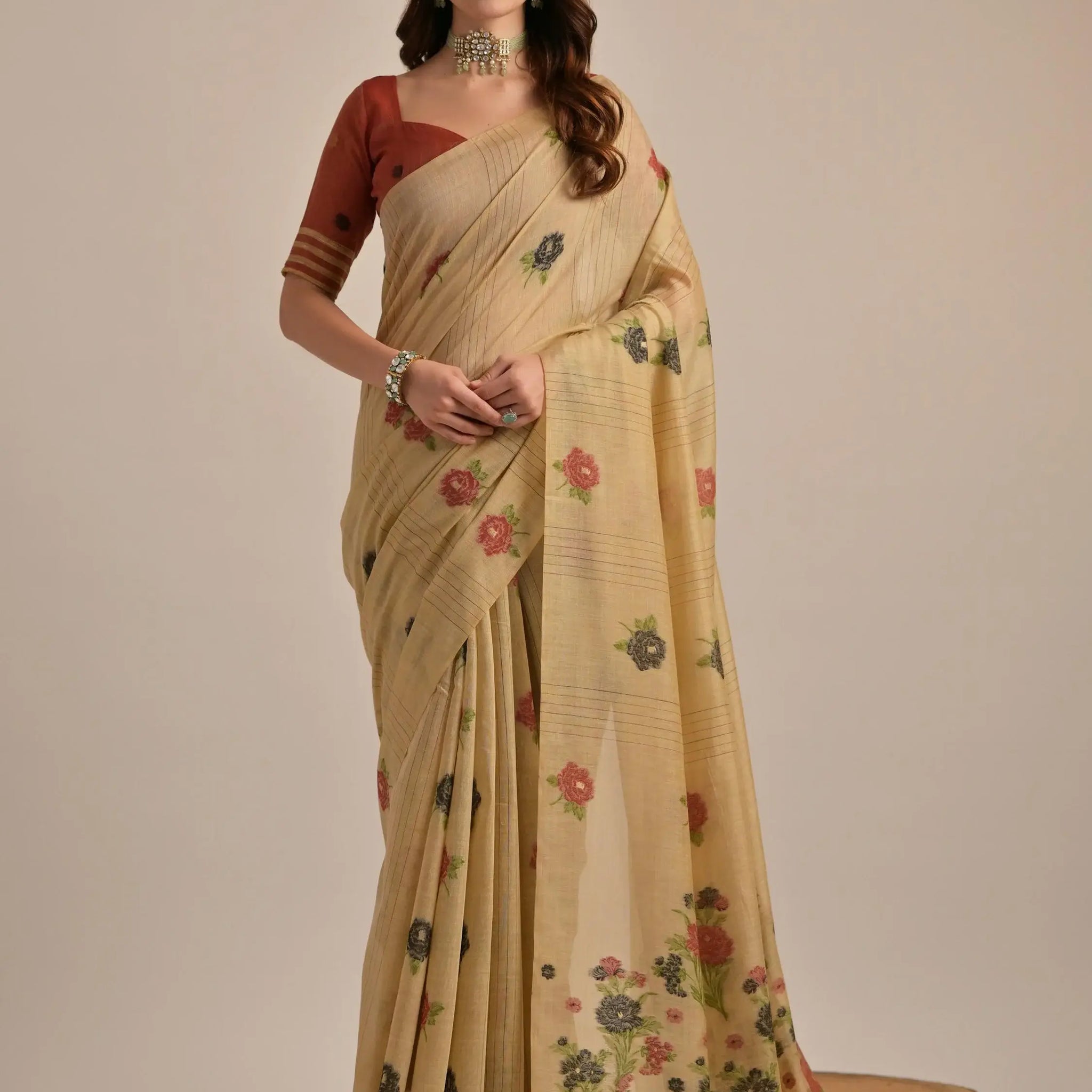Bewitching Beige Floral Weaving Printed Cotton Traditional Saree With Blouse - Zeel Clothing