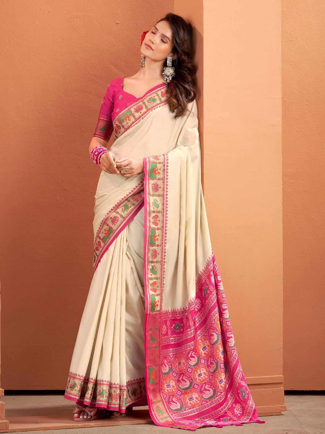 Bewitching Beige Patola Weaving Silk Festive Wear Saree With Blouse - Zeel Clothing