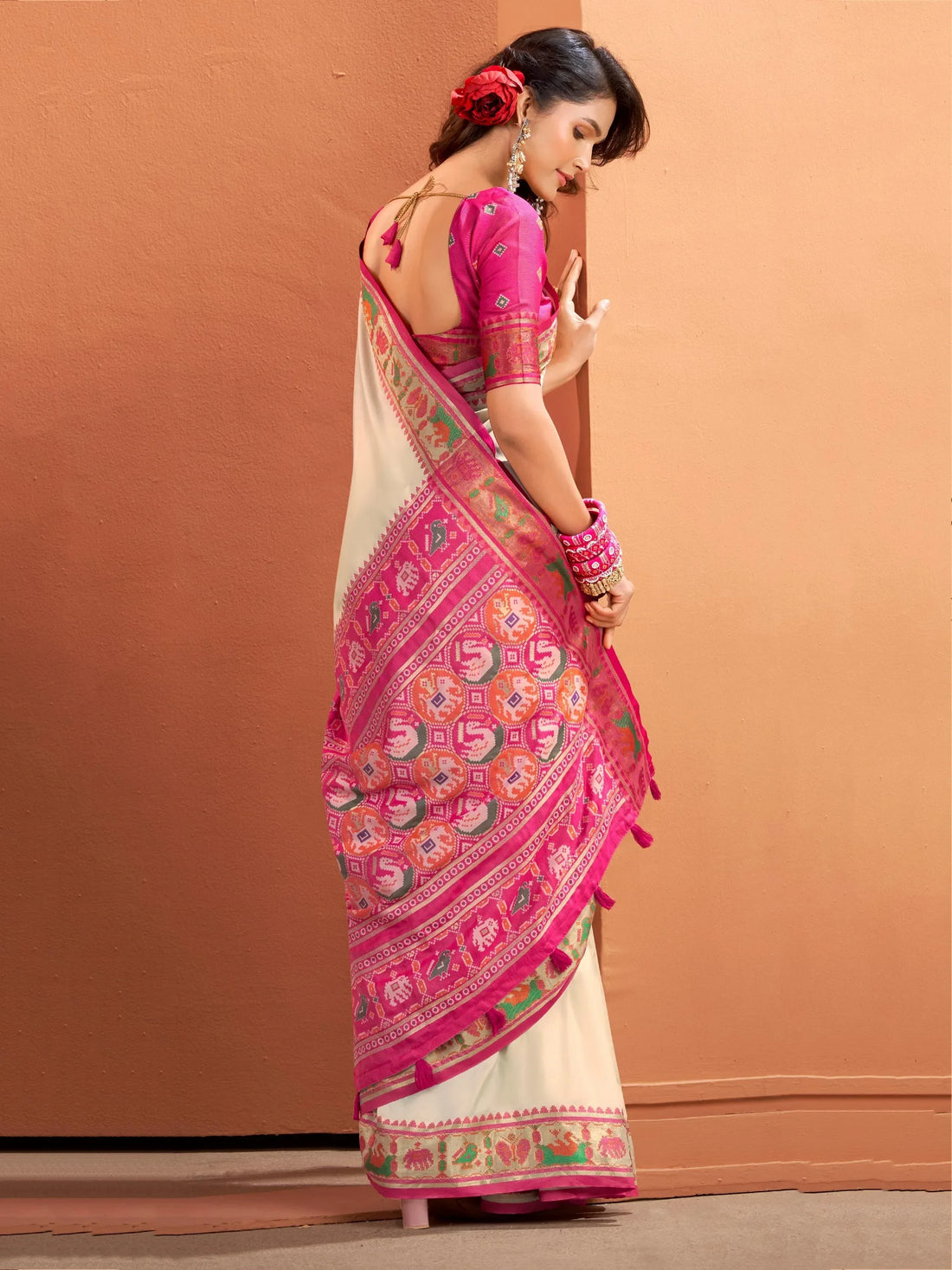 Bewitching Beige Patola Weaving Silk Festive Wear Saree With Blouse - Zeel Clothing
