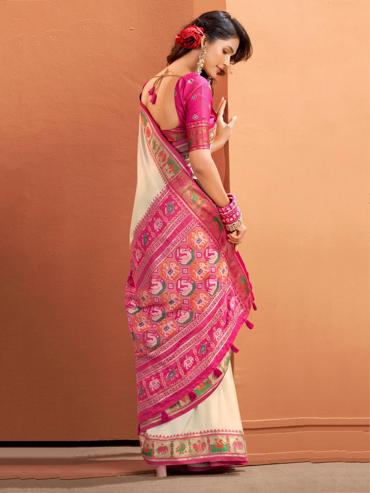 Bewitching Beige Patola Weaving Silk Festive Wear Saree With Blouse - Zeel Clothing