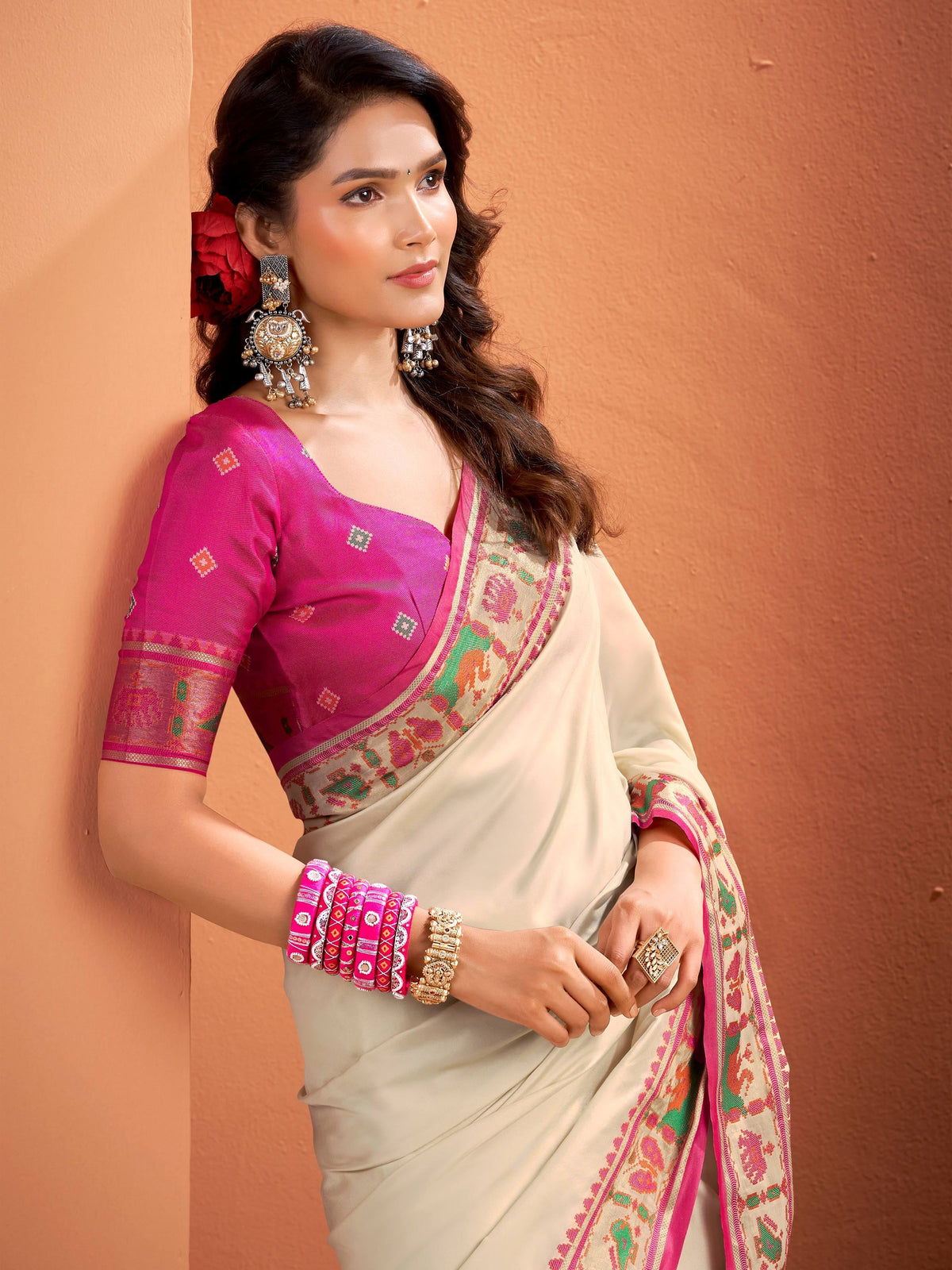 Bewitching Beige Patola Weaving Silk Festive Wear Saree With Blouse - Zeel Clothing