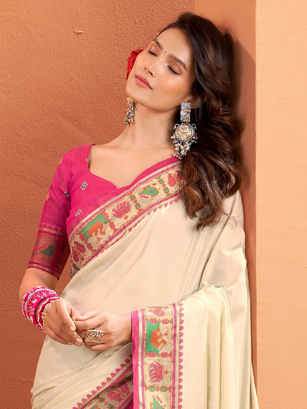 Bewitching Beige Patola Weaving Silk Festive Wear Saree With Blouse - Zeel Clothing