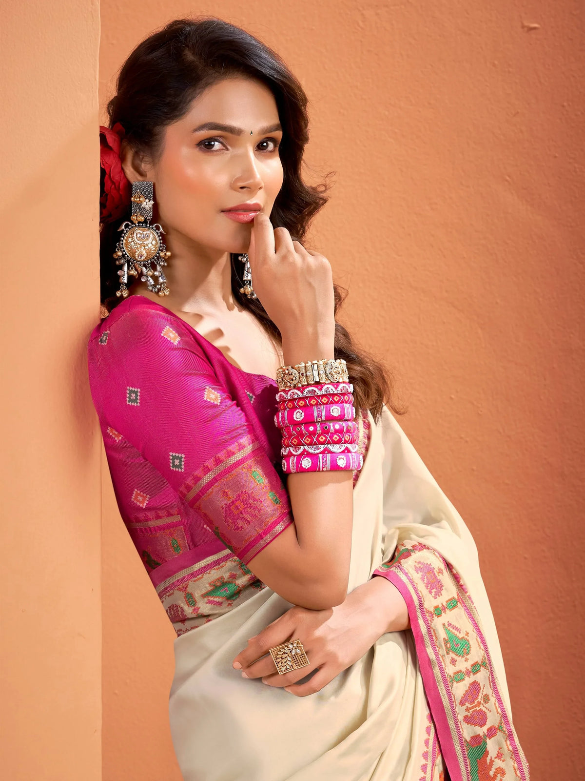 Bewitching Beige Patola Weaving Silk Festive Wear Saree With Blouse - Zeel Clothing