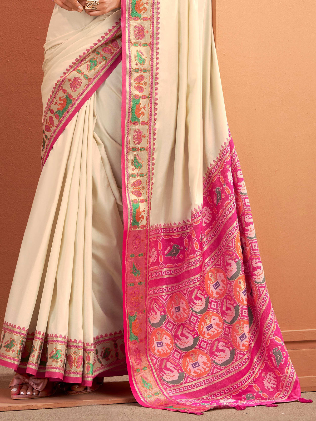 Bewitching Beige Patola Weaving Silk Festive Wear Saree With Blouse - Zeel Clothing