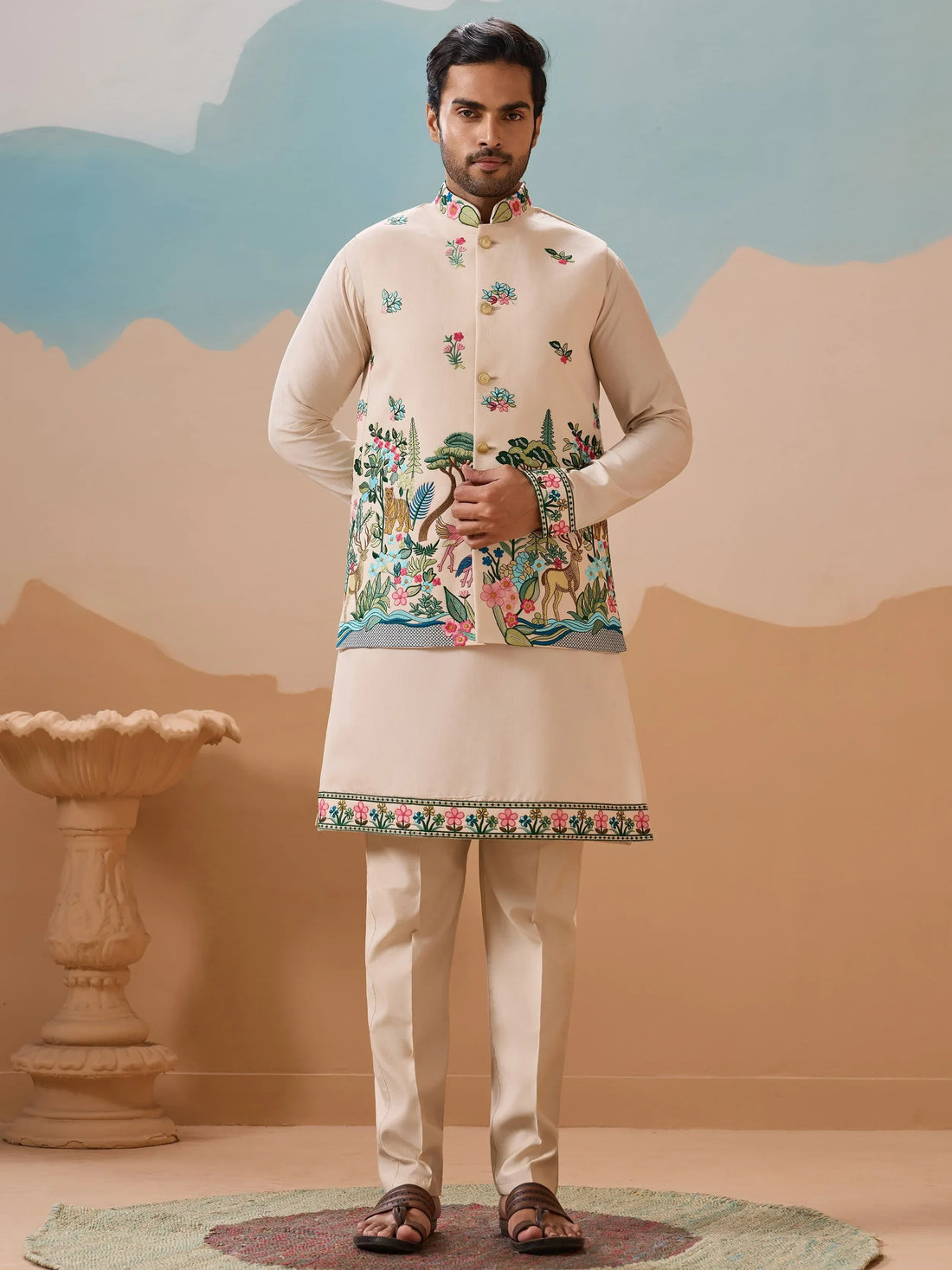 Bewitching Beige Sequins Embroidered Silk Men Function Wear Kurta Pant With Jacket