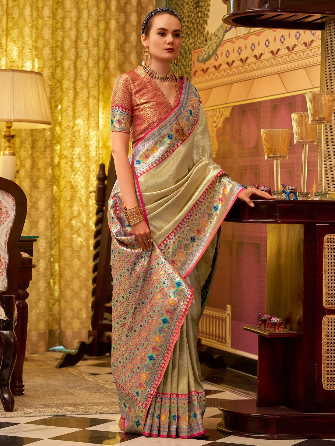 Bewitching Beige Zari Weaving Tissue Silk Event Wear Saree With Blouse - Zeel Clothing