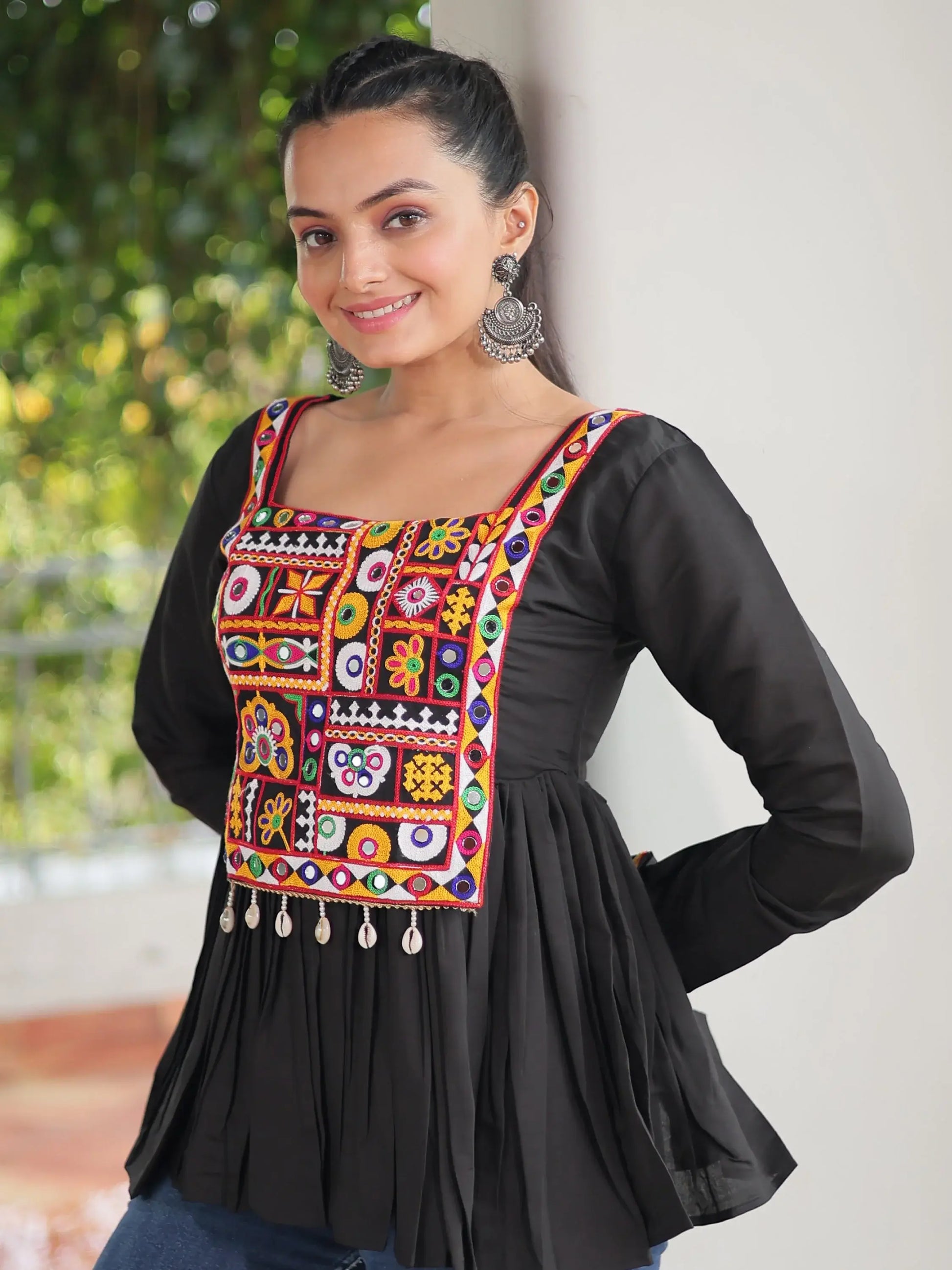 Bewitching Black Gamthi Work Silk Navratri Special Kediya Style Top - Zeel Clothing