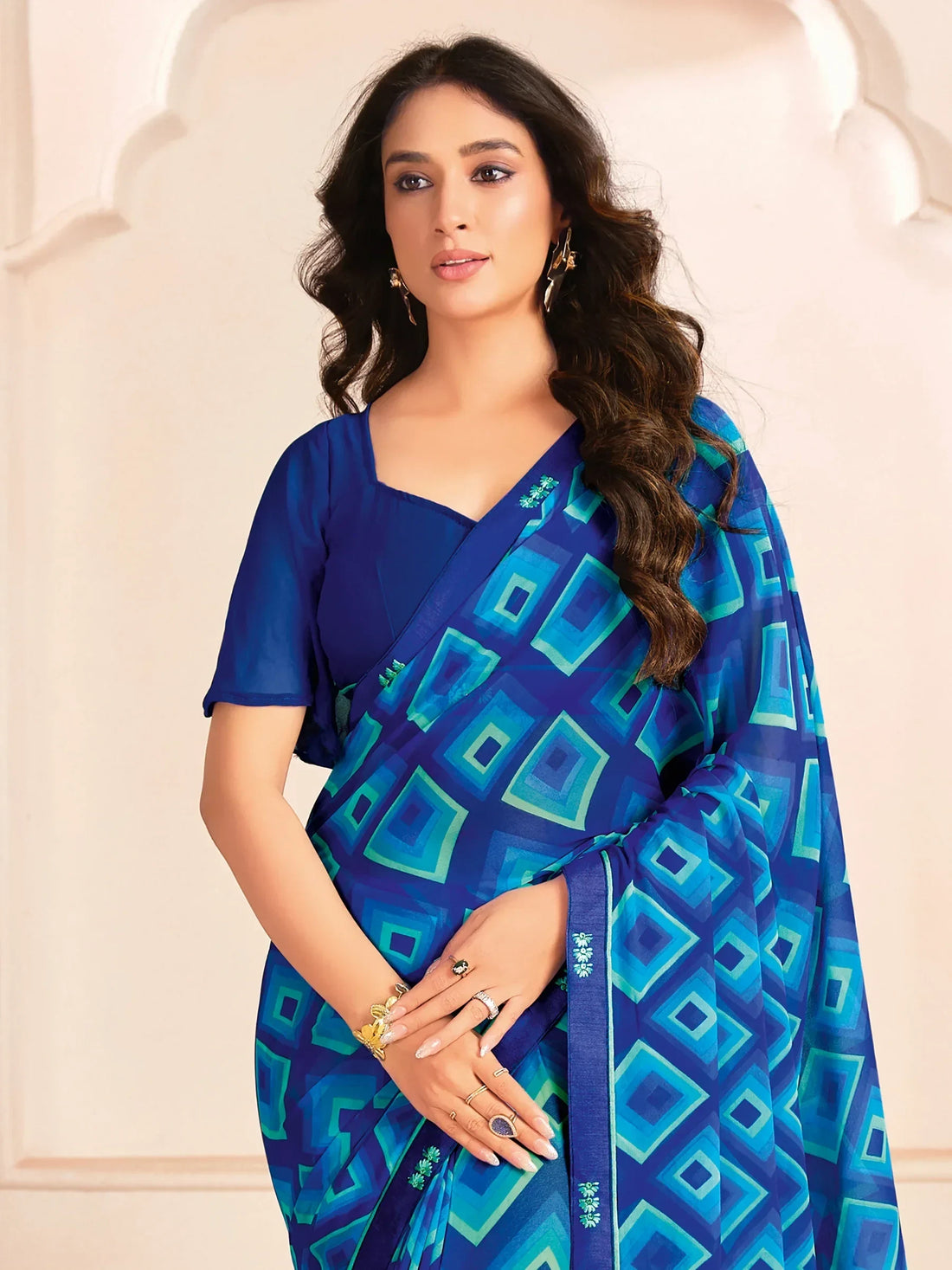 Bewitching Blue Digital Printed Georgette Casual Wear Saree With Blouse - Zeel Clothing