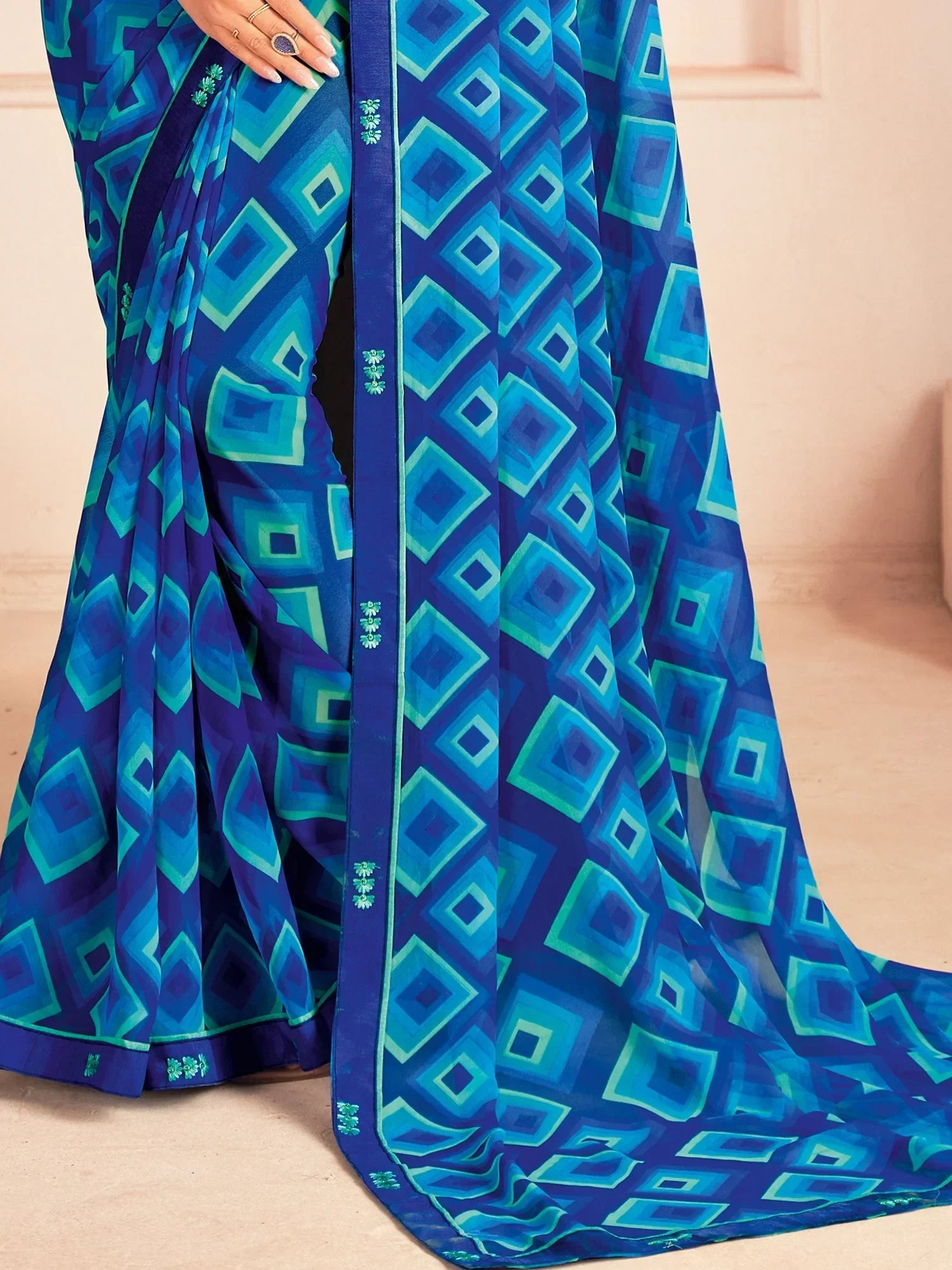 Bewitching Blue Digital Printed Georgette Casual Wear Saree With Blouse - Zeel Clothing