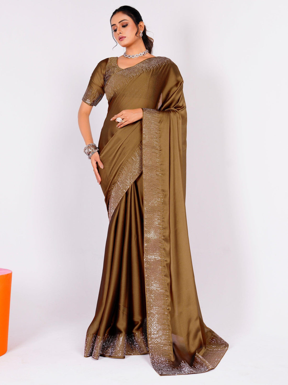 Bewitching Brown Stone Work Rangoli Silk Designer Saree With Blouse