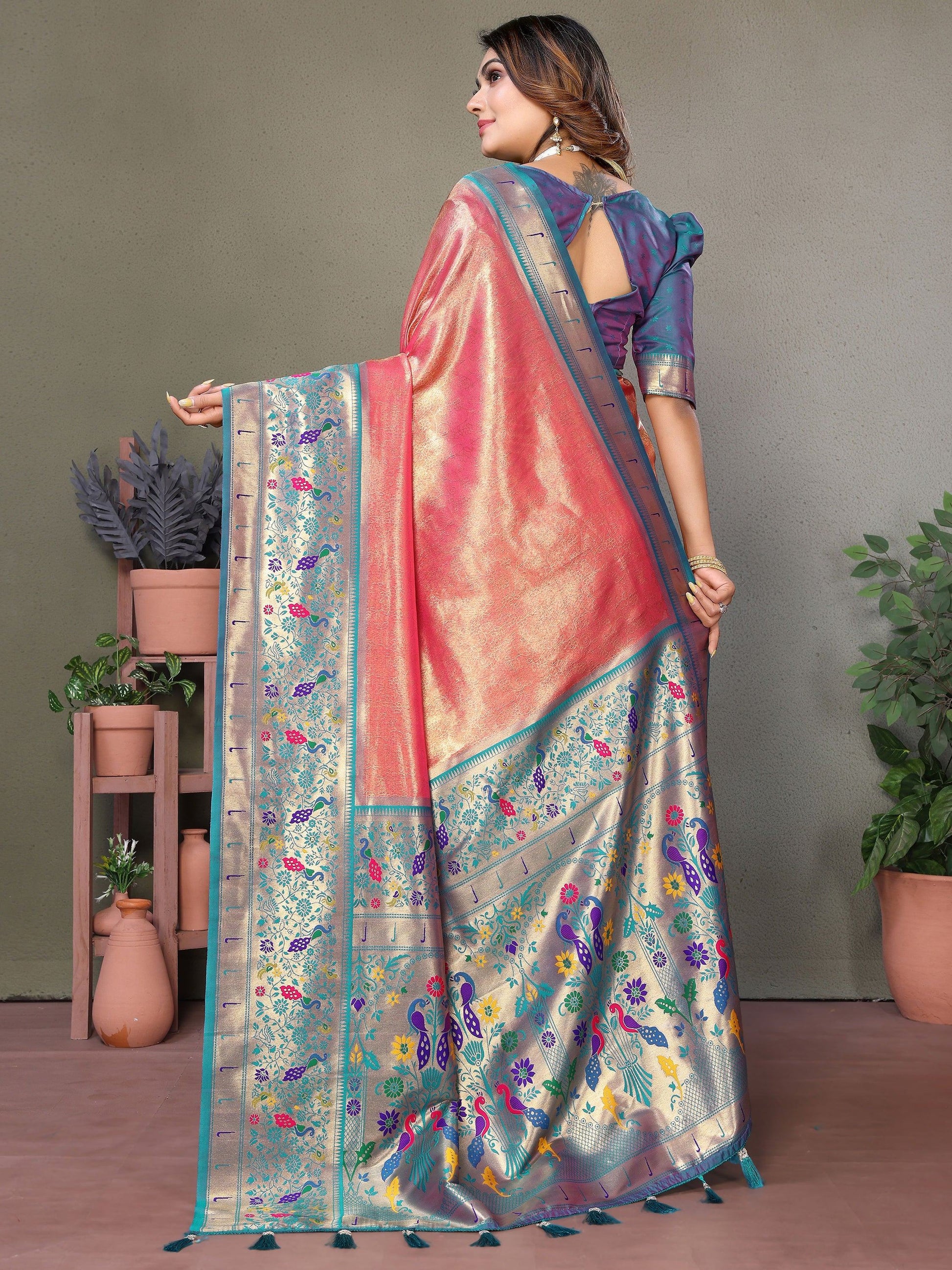 Bewitching Coral Red Zari Weaving Banarasi Silk Traditional Wear Saree - Zeel Clothing