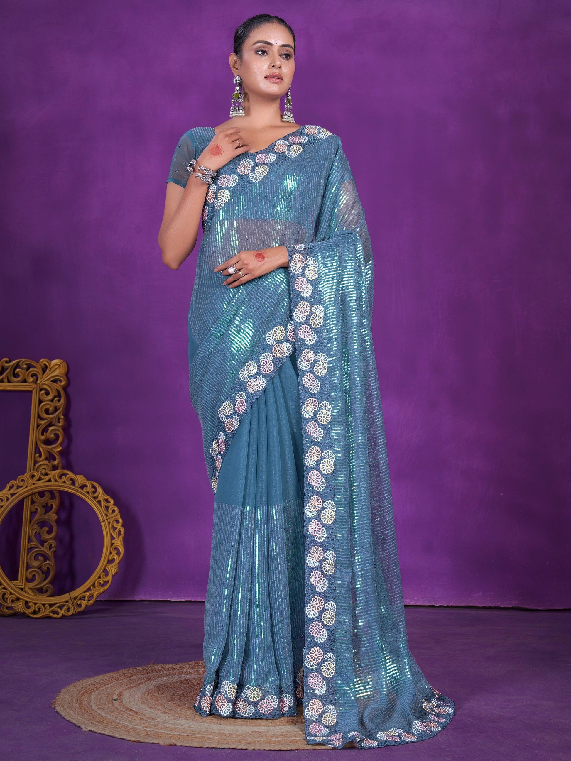Bewitching Dusty Blue Sequins Organza Reception Wear Saree
