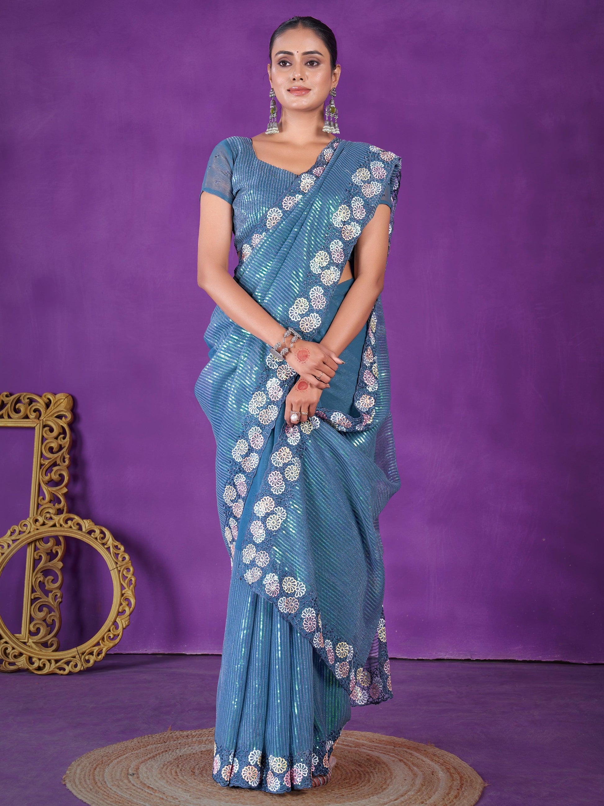 Bewitching Dusty Blue Sequins Organza Reception Wear Saree