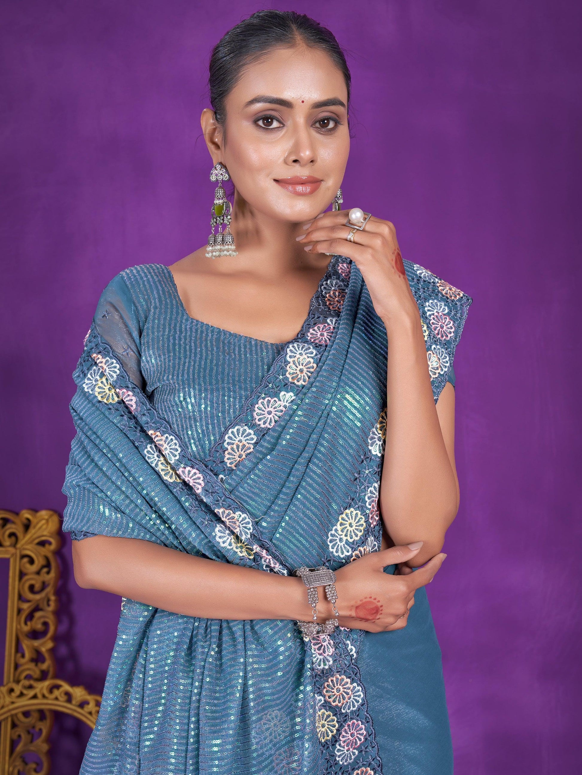 Bewitching Dusty Blue Sequins Organza Reception Wear Saree