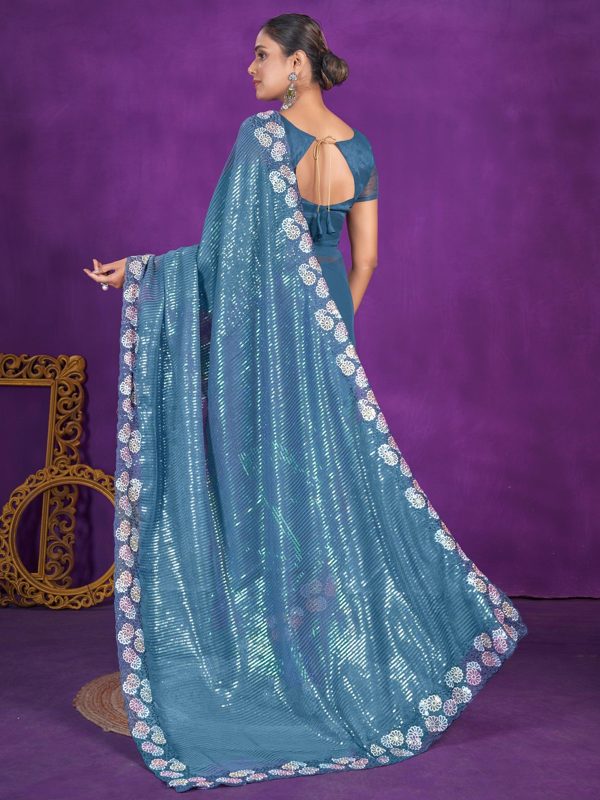 Bewitching Dusty Blue Sequins Organza Reception Wear Saree