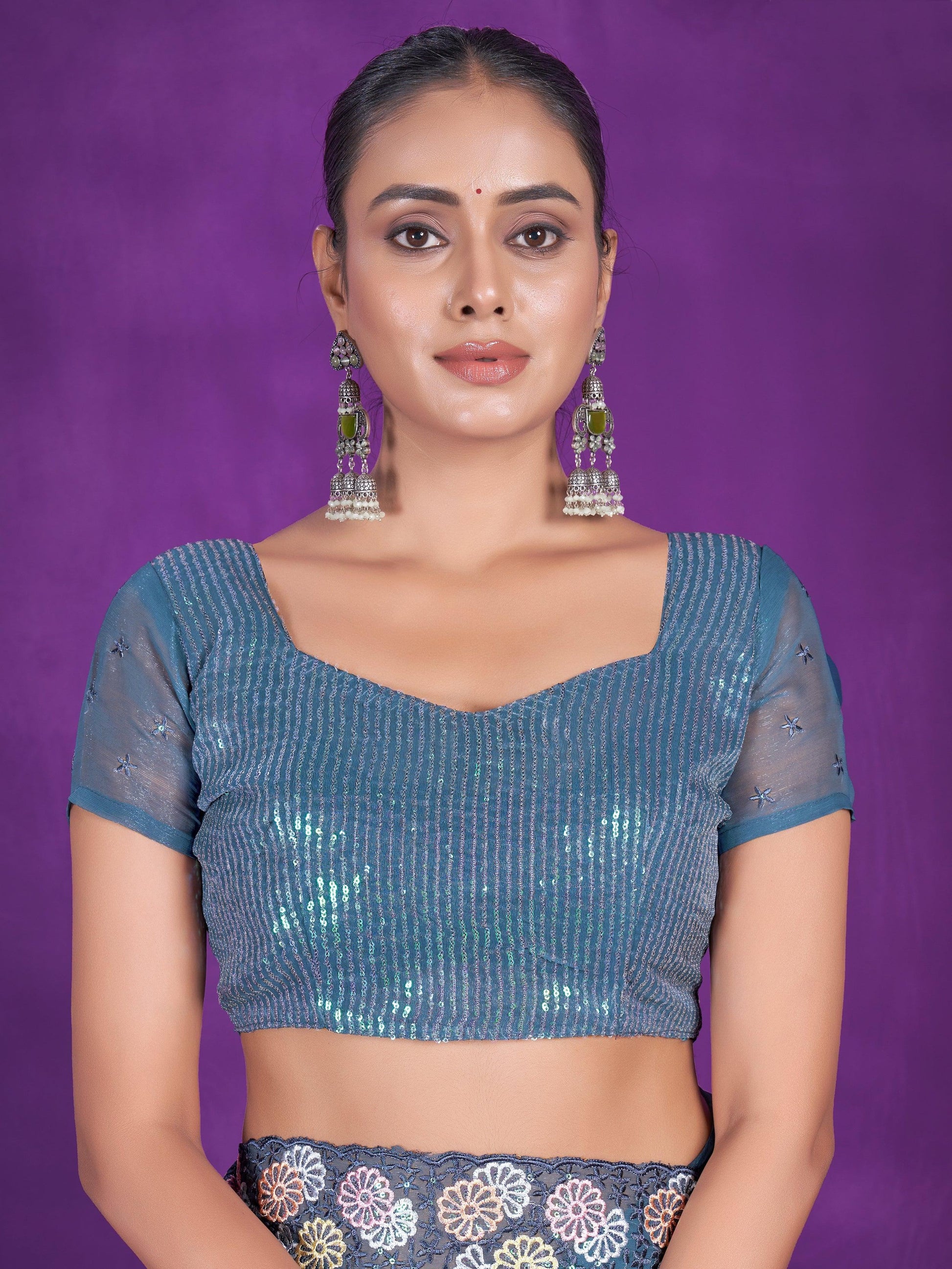 Bewitching Dusty Blue Sequins Organza Reception Wear Saree