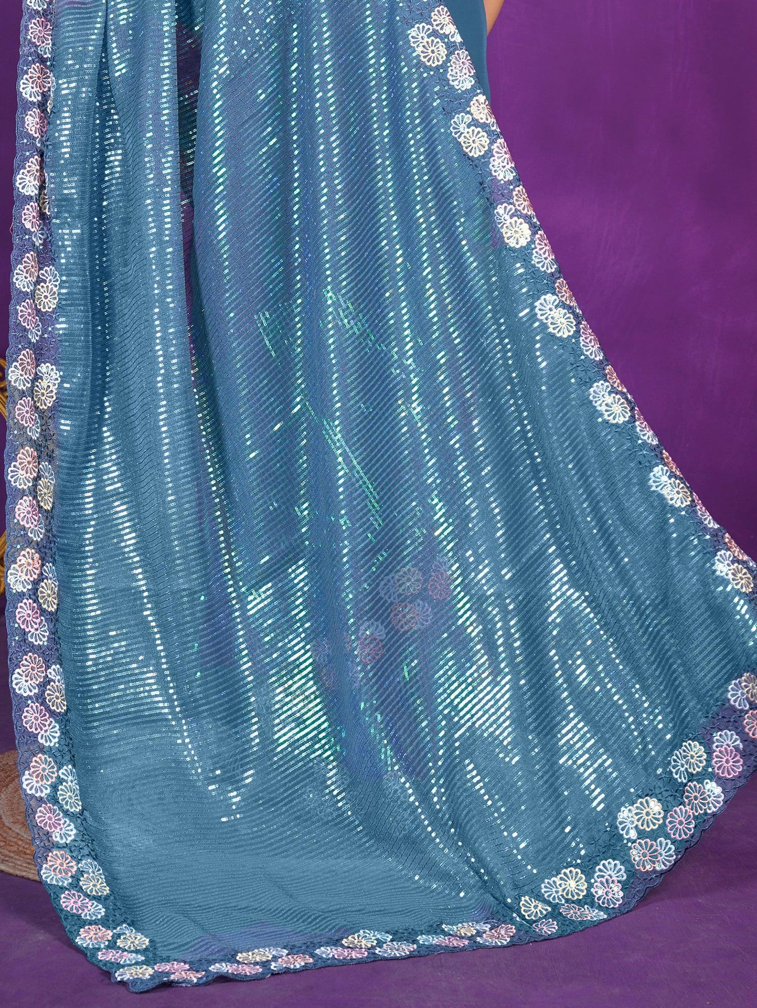 Bewitching Dusty Blue Sequins Organza Reception Wear Saree
