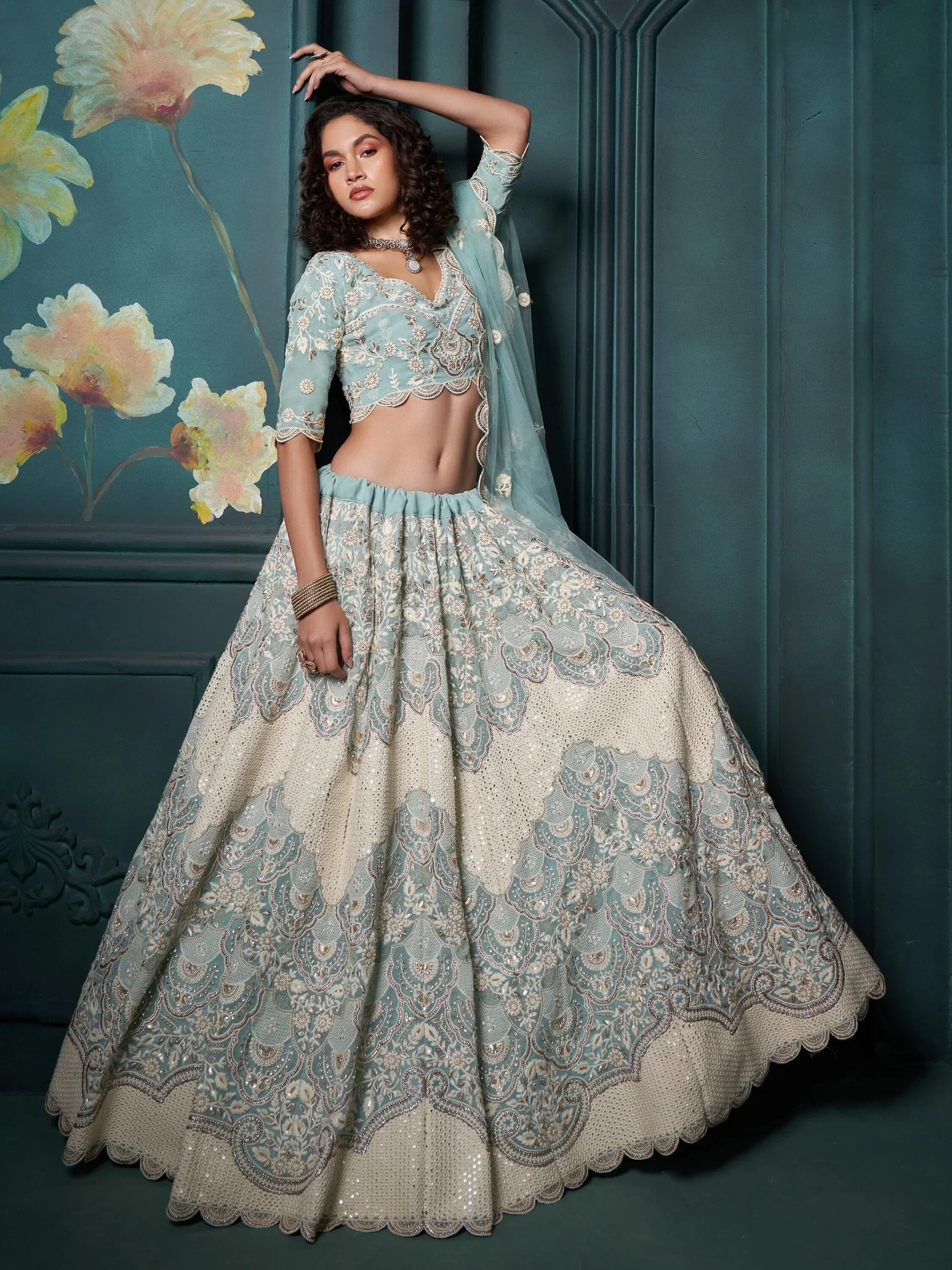 Bewitching Firozi Sequins Georgette Designer Lehenga Choli - Zeel Clothing
