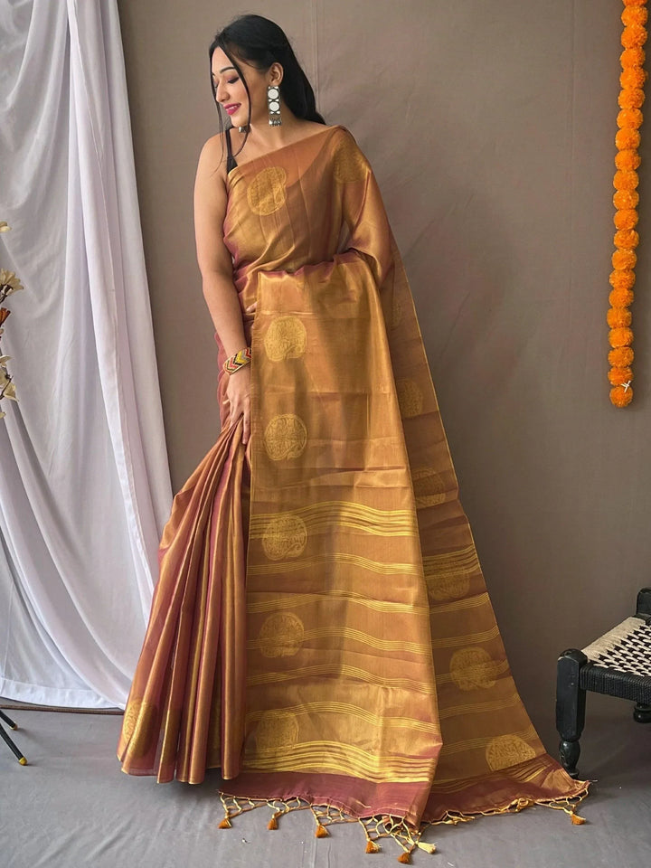 Bewitching Golden Zari Weaving Tissue Silk Festive Wear Saree