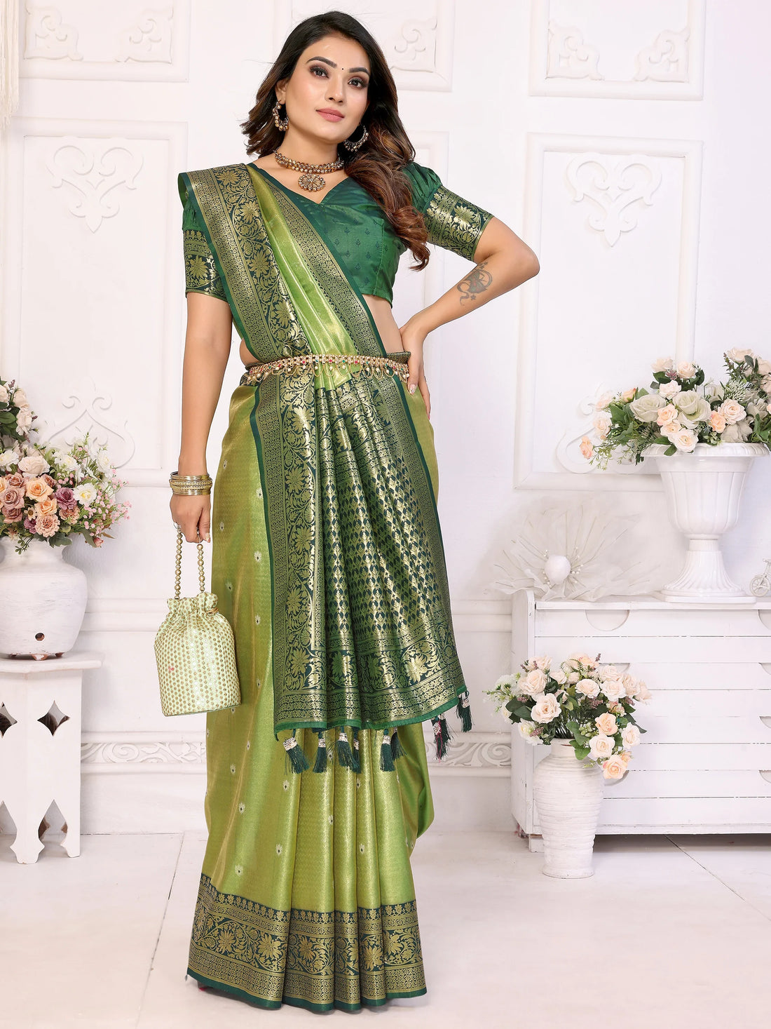 Bewitching Green Zari Weaving Banarasi Silk Evening Wear Saree - Zeel Clothing