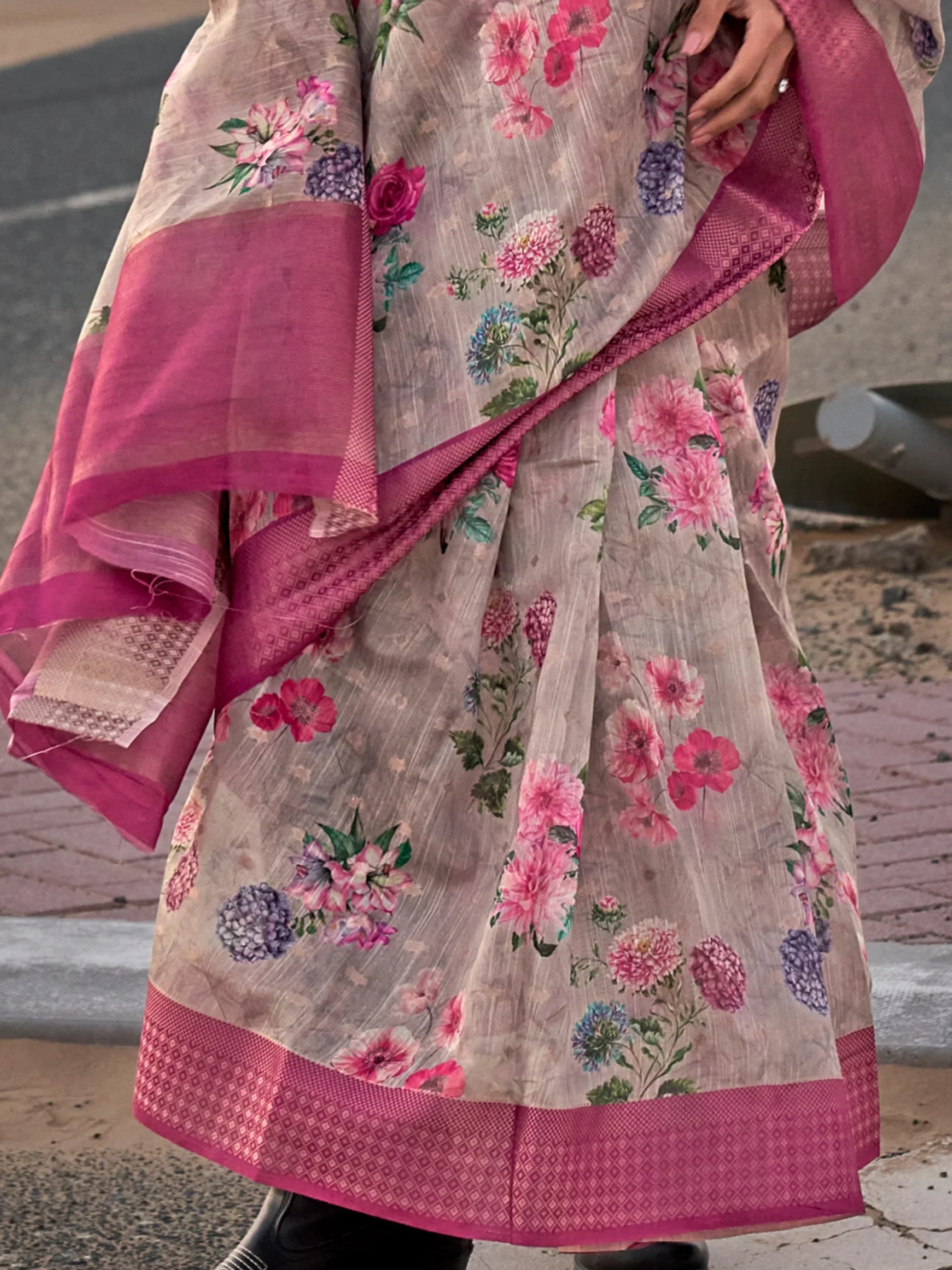 Bewitching Grey Printed Linen Festival Wear Saree With Blouse - Zeel Clothing