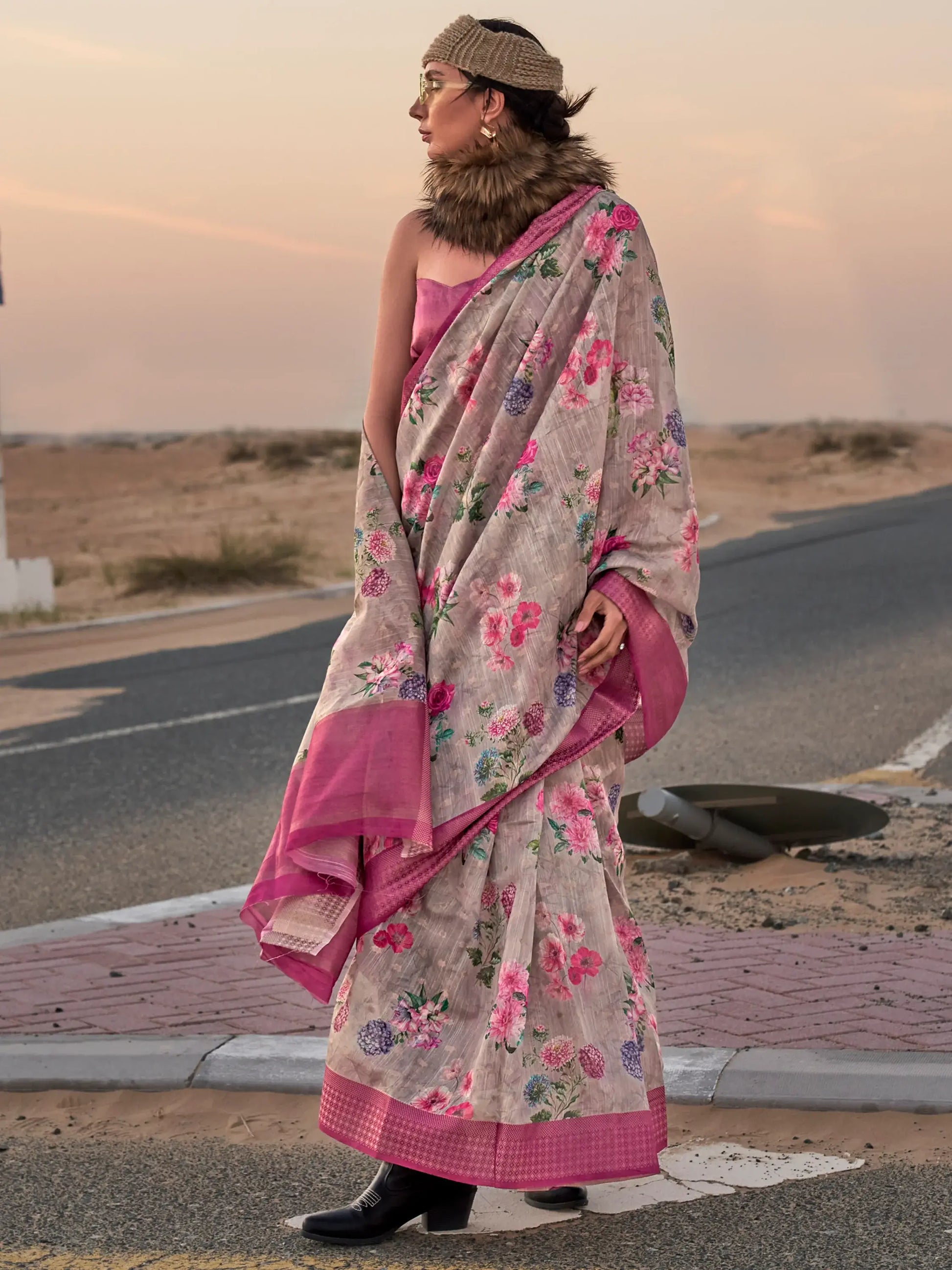 Bewitching Grey Printed Linen Festival Wear Saree With Blouse - Zeel Clothing