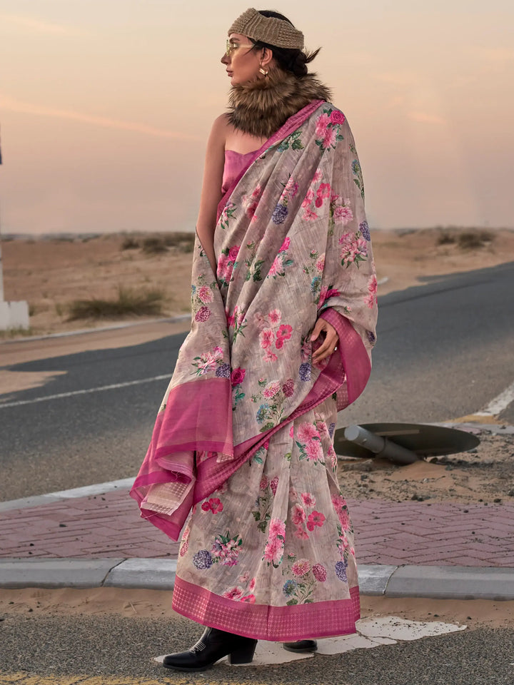 Bewitching Grey Printed Linen Festival Wear Saree With Blouse - Zeel Clothing