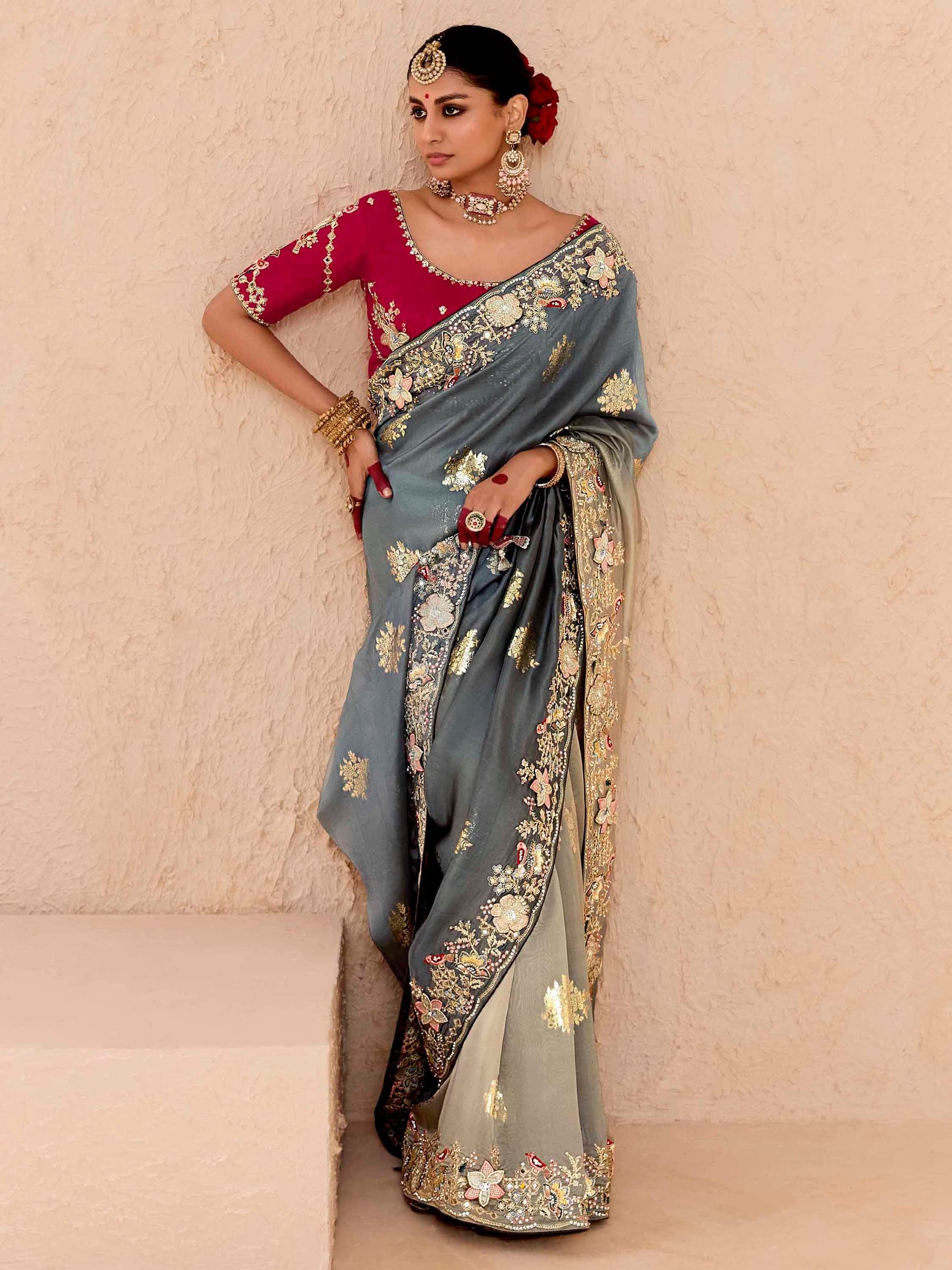 Bewitching Grey Thread Embroidered Viscose Wedding Wear Saree - Zeel Clothing
