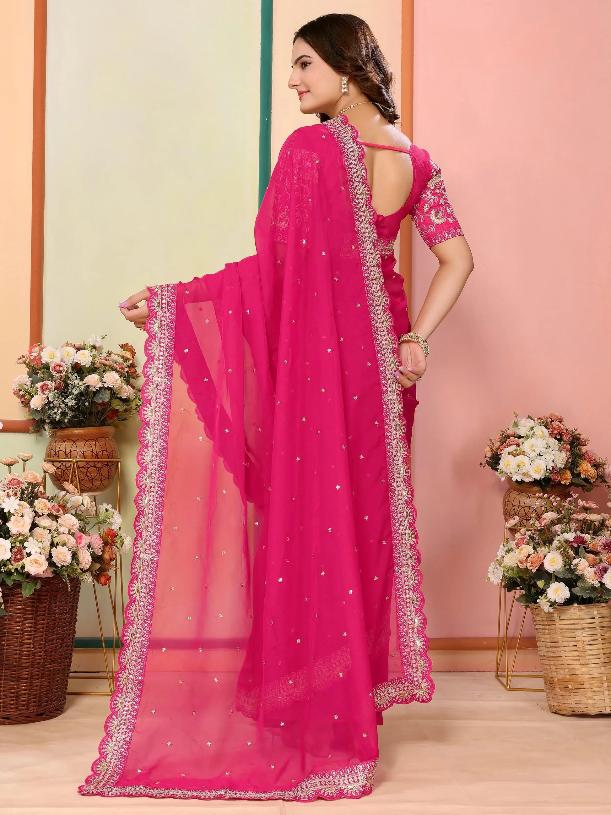 Bewitching Hot Pink Thread Embroidery Organza Event Wear Saree - Zeel Clothing