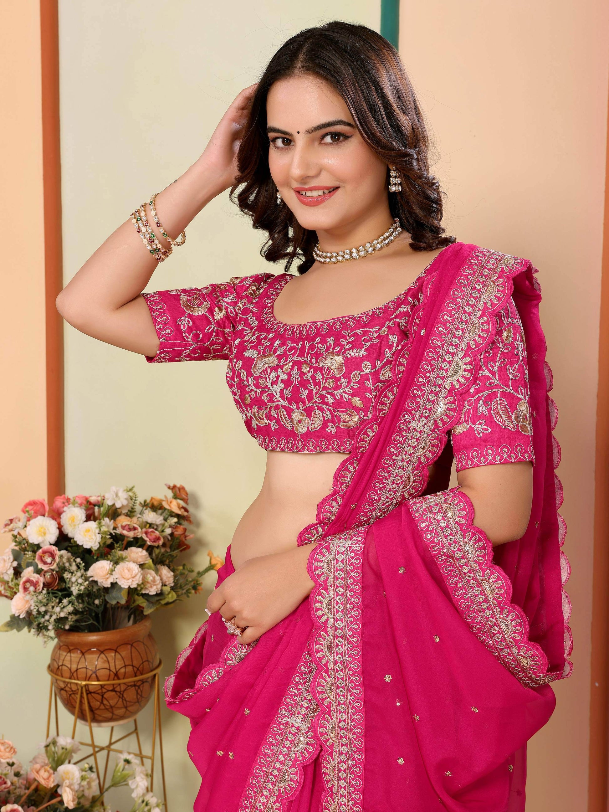 Bewitching Hot Pink Thread Embroidery Organza Event Wear Saree - Zeel Clothing
