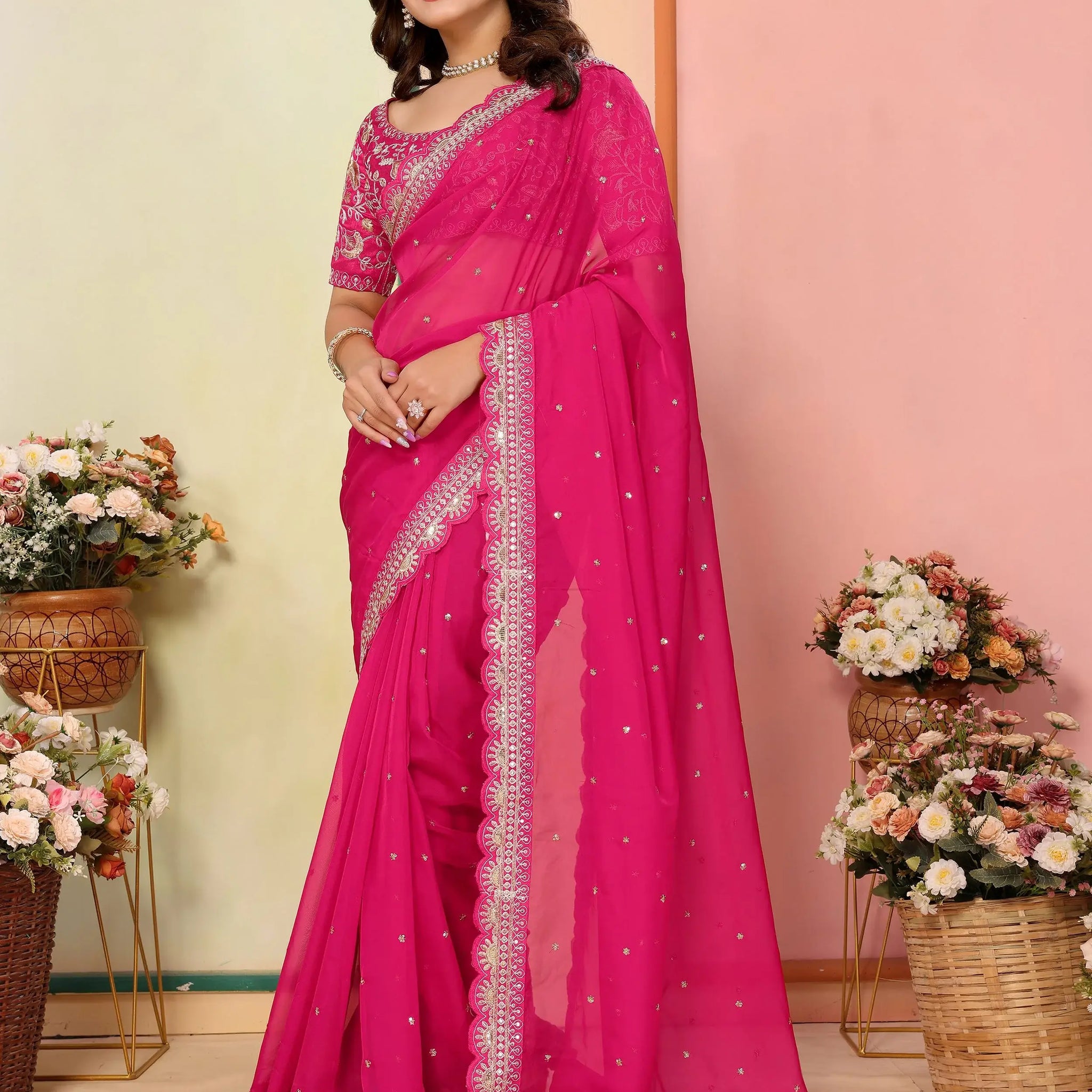 Bewitching Hot Pink Thread Embroidery Organza Event Wear Saree - Zeel Clothing