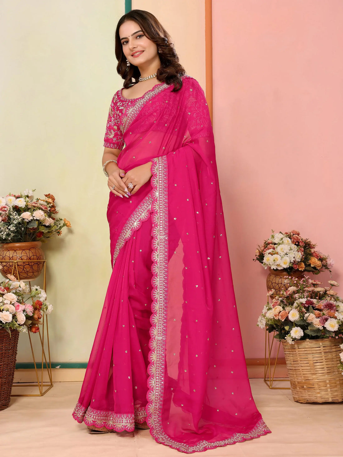 Bewitching Hot Pink Thread Embroidery Organza Event Wear Saree - Zeel Clothing
