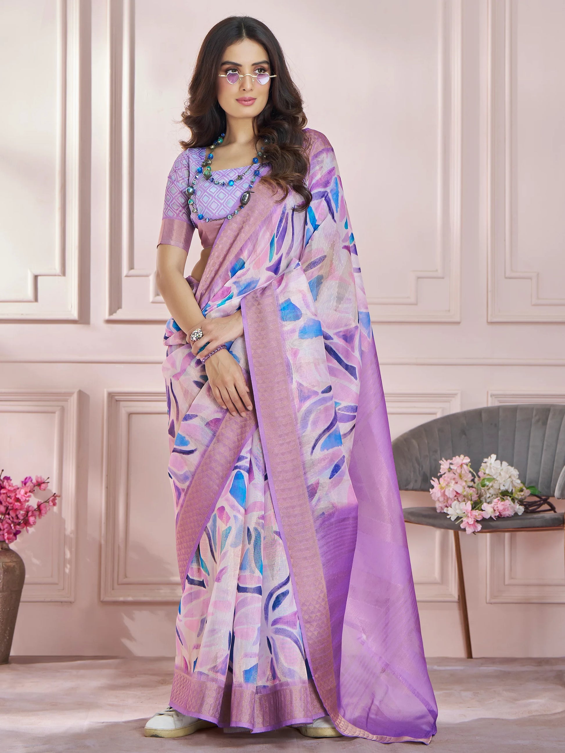Bewitching Lavender Digital Printed Silk Casual Wear Saree With Blouse - Zeel Clothing