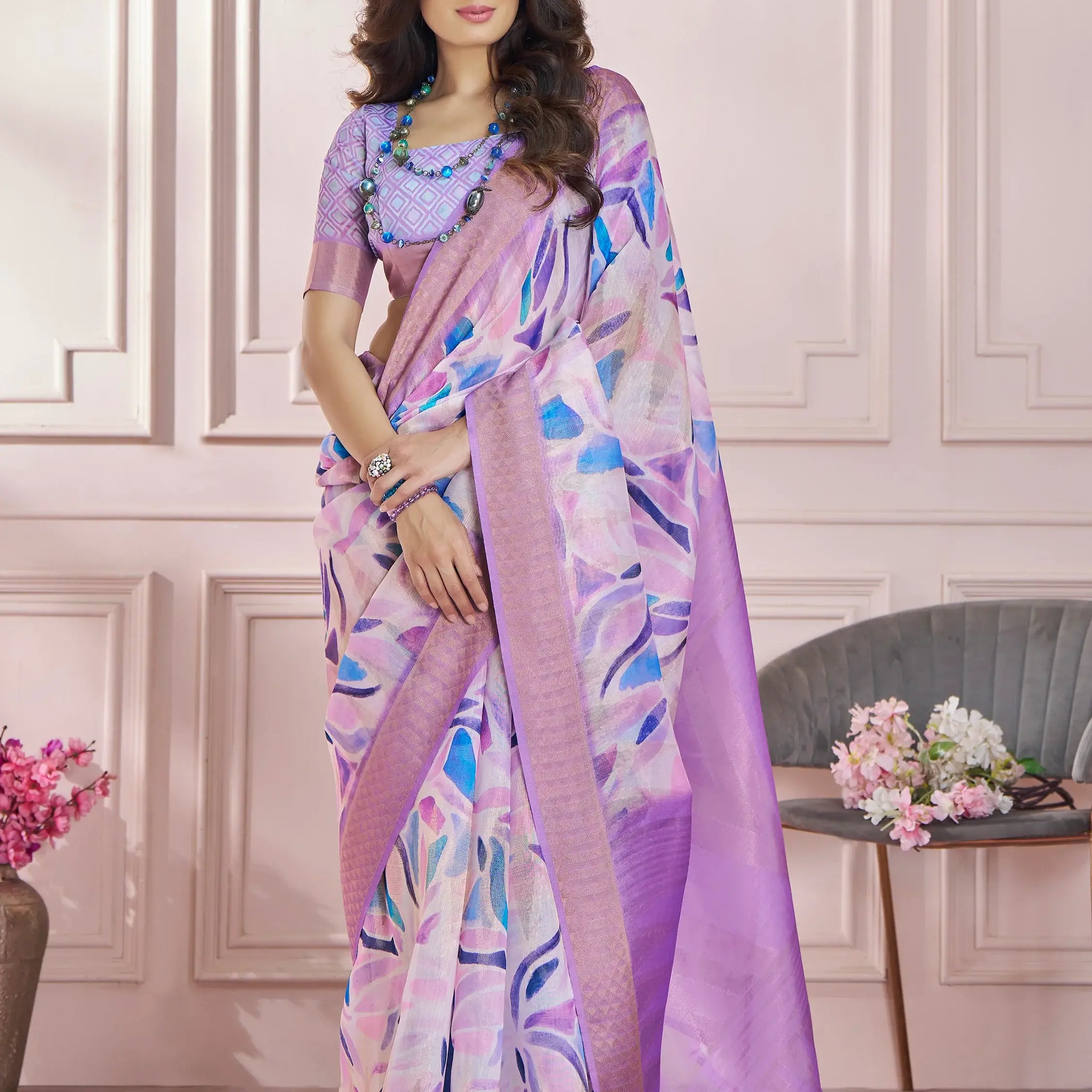 Bewitching Lavender Digital Printed Silk Casual Wear Saree With Blouse - Zeel Clothing