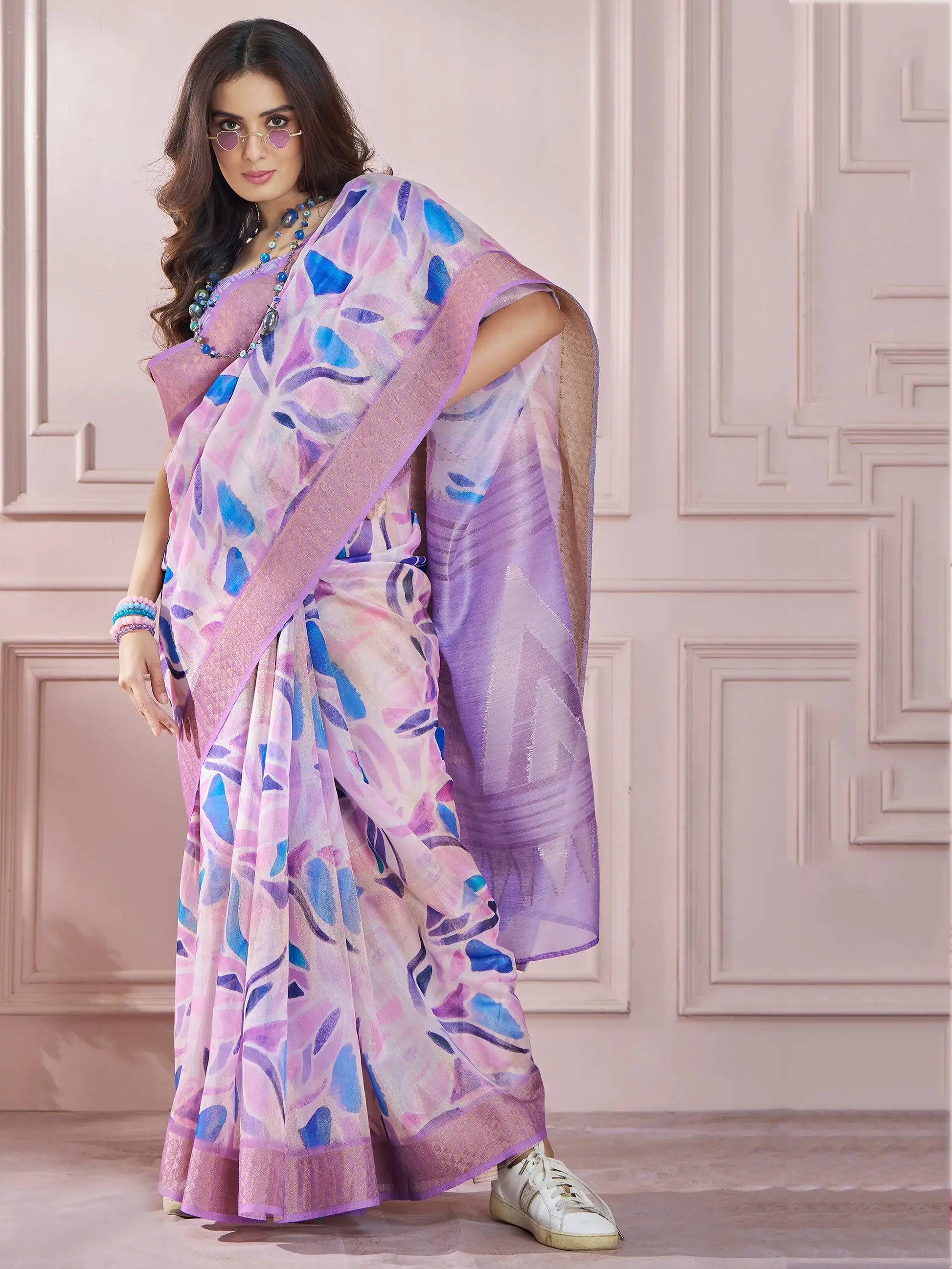 Bewitching Lavender Digital Printed Silk Casual Wear Saree With Blouse - Zeel Clothing