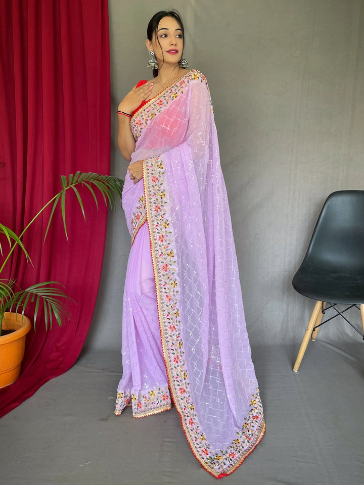 Bewitching Lavender Sequins Georgette Festival Wear Saree With Blouse - Zeel Clothing