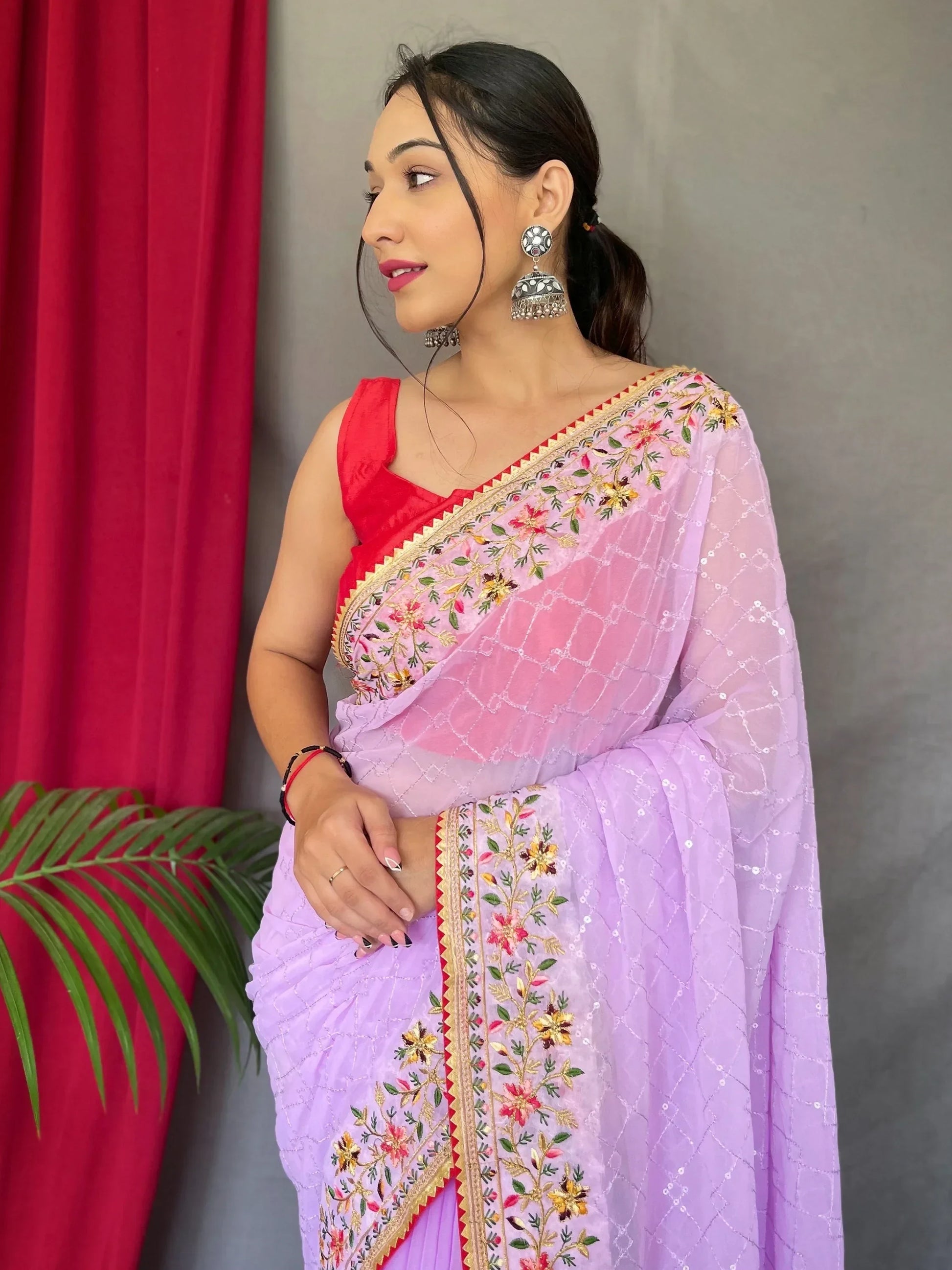 Bewitching Lavender Sequins Georgette Festival Wear Saree With Blouse - Zeel Clothing