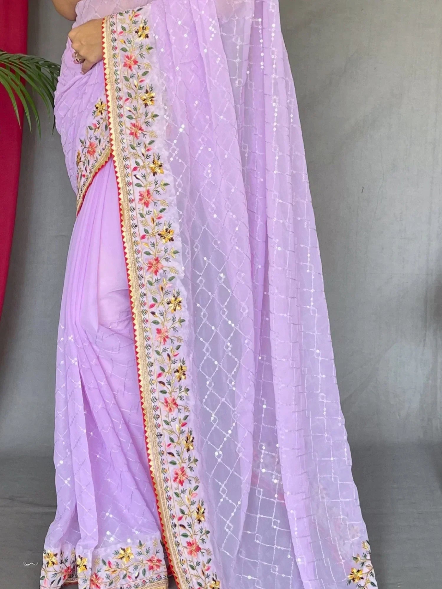 Bewitching Lavender Sequins Georgette Festival Wear Saree With Blouse - Zeel Clothing